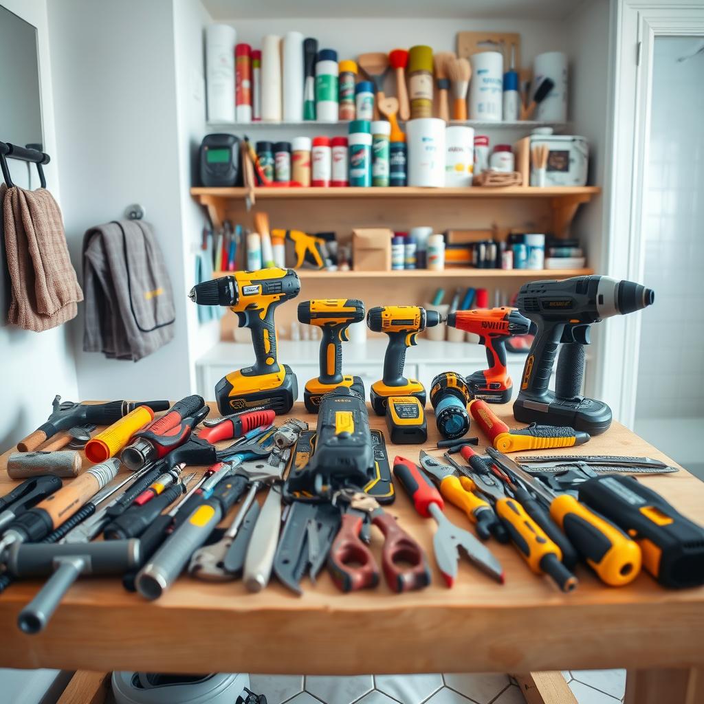 A well-organized collection of DIY tools arranged on a wooden workbench in a bright, airy bathroom. In the foreground, an assortment of hand tools including a hammer, screwdrivers, pliers, and a utility knife. In the middle ground, power tools such as a cordless drill, jigsaw, and rotary tool. The background features shelves stocked with paint rollers, brushes, caulk guns, and other supplies. The overall scene conveys a sense of preparedness and confidence, reflecting the DIY spirit needed for a successful bathroom remodel. A well-organized collection of DIY tools arranged on a wooden workbench in a bright, airy bathroom. In the foreground, an assortment of hand tools including a hammer, screwdrivers, pliers, and a utility knife. In the middle ground, power tools such as a cordless drill, jigsaw, and rotary tool. The background features shelves stocked with paint rollers, brushes, caulk guns, and other supplies. The overall scene conveys a sense of preparedness and confidence, reflecting the DIY spirit needed for a successful bathroom remodel.