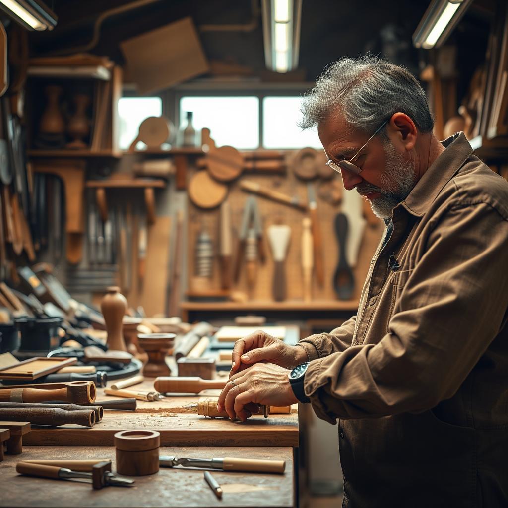 Craftsmanship experience: A well-equipped workshop illuminated by warm, natural lighting. Intricate tools and materials neatly arranged, exuding a sense of order and precision. In the foreground, a skilled artisan meticulously shapes a piece of wood, their hands moving with practiced fluidity. The background showcases an array of finished products, each bearing the mark of painstaking attention to detail. The overall atmosphere conveys a harmonious blend of technical expertise, creative vision, and a deep respect for the craft. The image evokes a feeling of trust, reliability, and the assurance of a job well done. Craftsmanship experience: A well-equipped workshop illuminated by warm, natural lighting. Intricate tools and materials neatly arranged, exuding a sense of order and precision. In the foreground, a skilled artisan meticulously shapes a piece of wood, their hands moving with practiced fluidity. The background showcases an array of finished products, each bearing the mark of painstaking attention to detail. The overall atmosphere conveys a harmonious blend of technical expertise, creative vision, and a deep respect for the craft. The image evokes a feeling of trust, reliability, and the assurance of a job well done.