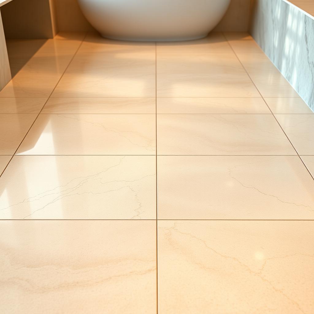Elegant tile flooring in a modern spa-like bathroom, with a smooth, glossy finish and subtle veining patterns that evoke natural stone. The tiles are arranged in a visually appealing, symmetrical layout, creating a sense of order and tranquility. Warm, indirect lighting casts a soft, diffused glow, accentuating the tile's reflective surface and enhancing the overall soothing atmosphere. The space is designed to feel spacious and serene, with clean lines and a minimalist aesthetic that invites relaxation and rejuvenation. Elegant tile flooring in a modern spa-like bathroom, with a smooth, glossy finish and subtle veining patterns that evoke natural stone. The tiles are arranged in a visually appealing, symmetrical layout, creating a sense of order and tranquility. Warm, indirect lighting casts a soft, diffused glow, accentuating the tile's reflective surface and enhancing the overall soothing atmosphere. The space is designed to feel spacious and serene, with clean lines and a minimalist aesthetic that invites relaxation and rejuvenation.