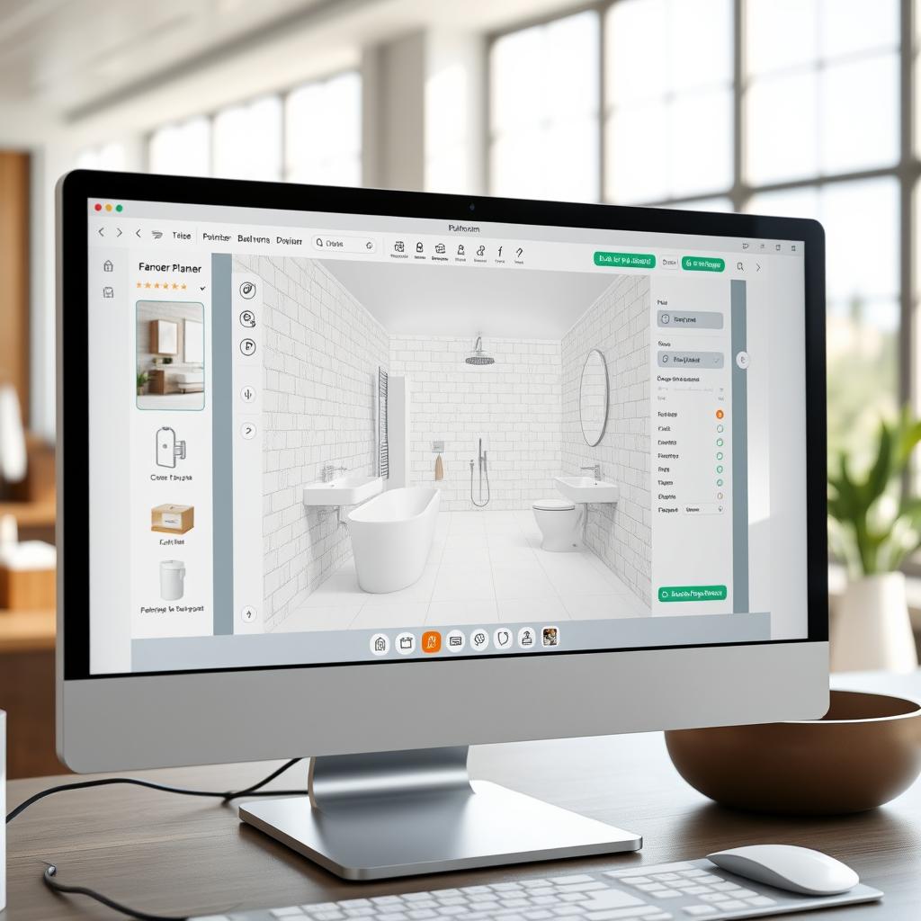a bathroom planner application interface, displayed on a computer screen. The planner features a 3D representation of a bathroom with customizable fixtures, tiles, and layout. The interface is clean and intuitive, with various tools and options for adjusting the design. The planner is set against a bright and airy background, with natural light streaming in through large windows. The overall scene conveys a sense of modern, functional design and the ease of planning one's ideal bathroom. a bathroom planner application interface, displayed on a computer screen. The planner features a 3D representation of a bathroom with customizable fixtures, tiles, and layout. The interface is clean and intuitive, with various tools and options for adjusting the design. The planner is set against a bright and airy background, with natural light streaming in through large windows. The overall scene conveys a sense of modern, functional design and the ease of planning one's ideal bathroom.