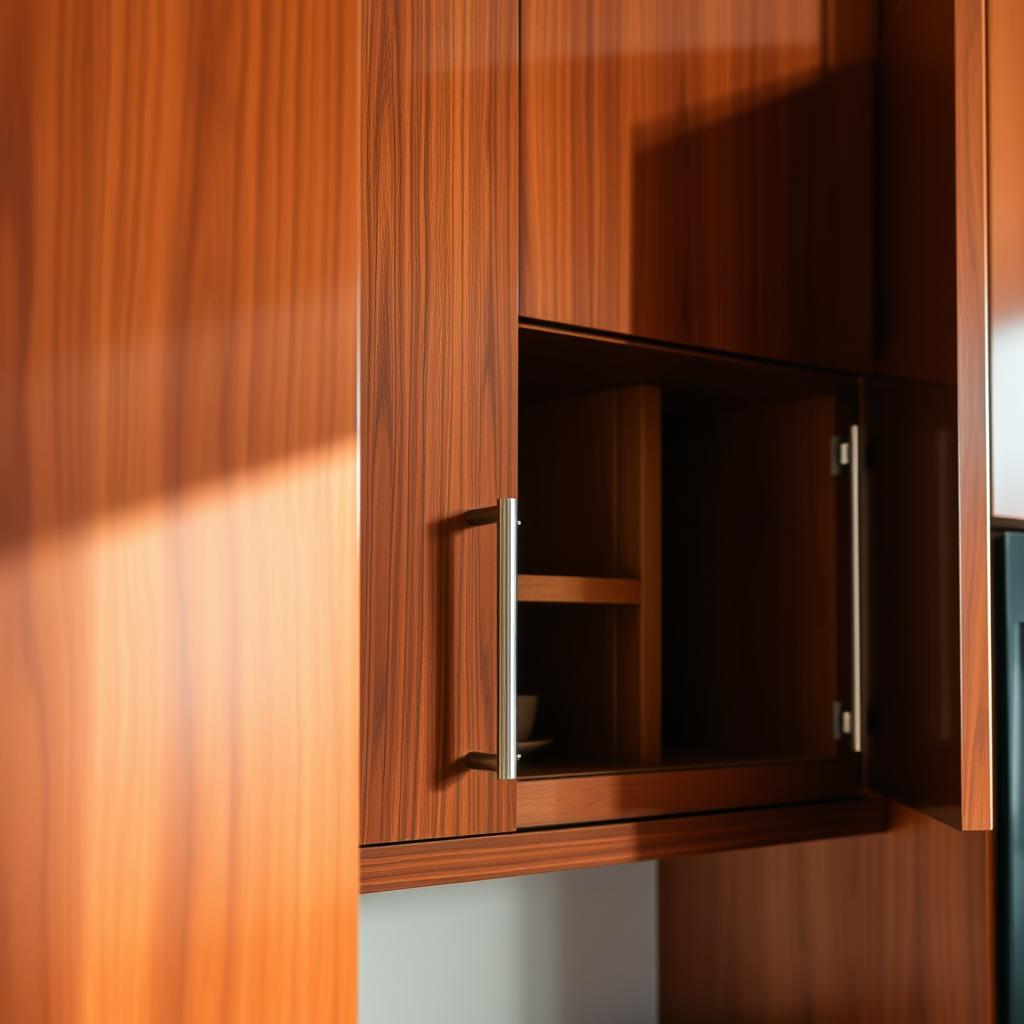 A beautifully crafted kitchen cabinet, its surface gleaming with a rich, high-gloss finish. The wood grain visible beneath the lustrous sheen, reflecting the warm lighting that bathes the scene. The cabinet doors open to reveal neatly organized shelves, suggesting a meticulously designed and maintained space. The composition is framed by a neutral, minimalist backdrop, allowing the cabinet's finish to take center stage. The image conveys a sense of sophistication, attention to detail, and a well-curated kitchen environment. A beautifully crafted kitchen cabinet, its surface gleaming with a rich, high-gloss finish. The wood grain visible beneath the lustrous sheen, reflecting the warm lighting that bathes the scene. The cabinet doors open to reveal neatly organized shelves, suggesting a meticulously designed and maintained space. The composition is framed by a neutral, minimalist backdrop, allowing the cabinet's finish to take center stage. The image conveys a sense of sophistication, attention to detail, and a well-curated kitchen environment.