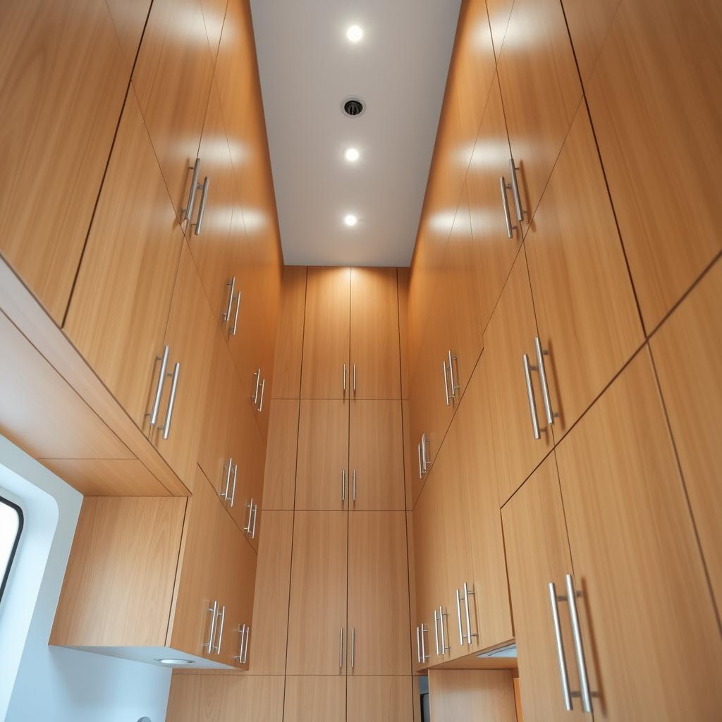 A bright, airy kitchen interior with tall, sleek cabinets stretching up towards the ceiling. The cabinets are a warm, natural wood tone, stacked in tidy rows to maximize vertical storage. Stainless steel hardware gleams against the smooth cabinet doors. Soft, diffused lighting from above casts a gentle glow, highlighting the clean lines and minimalist design. The room is bathed in a crisp, neutral palette, creating a sense of openness and efficiency. The composition emphasizes the height of the cabinets, drawing the eye upwards to convey a feeling of ample, well-organized storage in a compact space. A bright, airy kitchen interior with tall, sleek cabinets stretching up towards the ceiling. The cabinets are a warm, natural wood tone, stacked in tidy rows to maximize vertical storage. Stainless steel hardware gleams against the smooth cabinet doors. Soft, diffused lighting from above casts a gentle glow, highlighting the clean lines and minimalist design. The room is bathed in a crisp, neutral palette, creating a sense of openness and efficiency. The composition emphasizes the height of the cabinets, drawing the eye upwards to convey a feeling of ample, well-organized storage in a compact space.