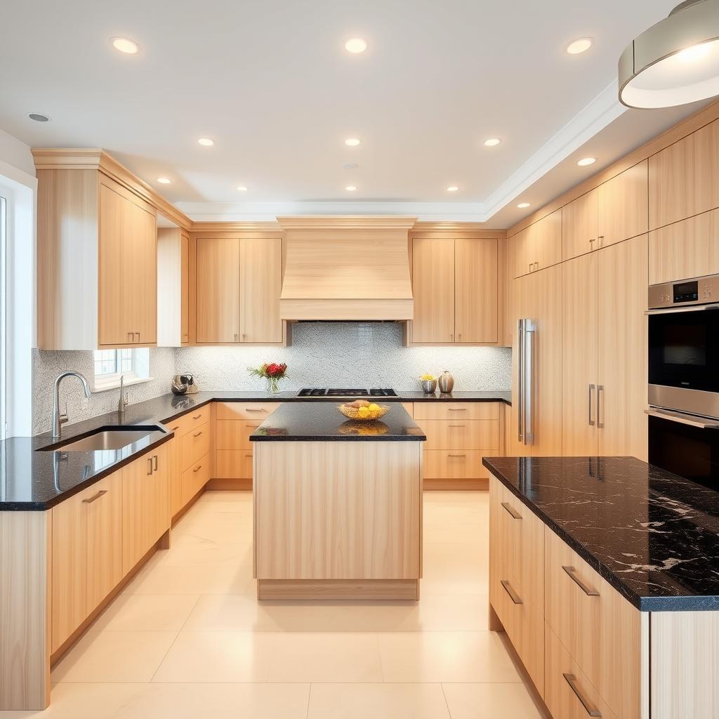 A bright, airy kitchen with a striking contrast between the sleek, dark granite countertops and the warm, light-toned wood cabinets. The cabinets feature a clean, minimalist design, while the countertops have a subtle, natural pattern that adds visual interest. Soft, diffused lighting from overhead fixtures casts a gentle glow, creating a welcoming and inviting atmosphere. The layout is open and spacious, with a large central island providing ample workspace and a gathering point for the family. The overall impression is one of sophisticated style and harmonious blend of materials, textures, and tones. A bright, airy kitchen with a striking contrast between the sleek, dark granite countertops and the warm, light-toned wood cabinets. The cabinets feature a clean, minimalist design, while the countertops have a subtle, natural pattern that adds visual interest. Soft, diffused lighting from overhead fixtures casts a gentle glow, creating a welcoming and inviting atmosphere. The layout is open and spacious, with a large central island providing ample workspace and a gathering point for the family. The overall impression is one of sophisticated style and harmonious blend of materials, textures, and tones.