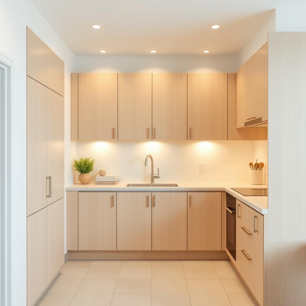 A bright and airy kitchen with light wood cabinets in a natural, minimalist style. The cabinets have clean lines and a soft matte finish, complementing the neutral color palette. Warm, diffused lighting from overhead fixtures casts a gentle glow, creating an inviting and relaxing atmosphere. The cabinets are the focal point, framed by a neutral backsplash and countertop that emphasize their elegant simplicity. The overall scene conveys a sense of calm and tranquility, perfectly suited for a small kitchen space. A bright and airy kitchen with light wood cabinets in a natural, minimalist style. The cabinets have clean lines and a soft matte finish, complementing the neutral color palette. Warm, diffused lighting from overhead fixtures casts a gentle glow, creating an inviting and relaxing atmosphere. The cabinets are the focal point, framed by a neutral backsplash and countertop that emphasize their elegant simplicity. The overall scene conveys a sense of calm and tranquility, perfectly suited for a small kitchen space.
