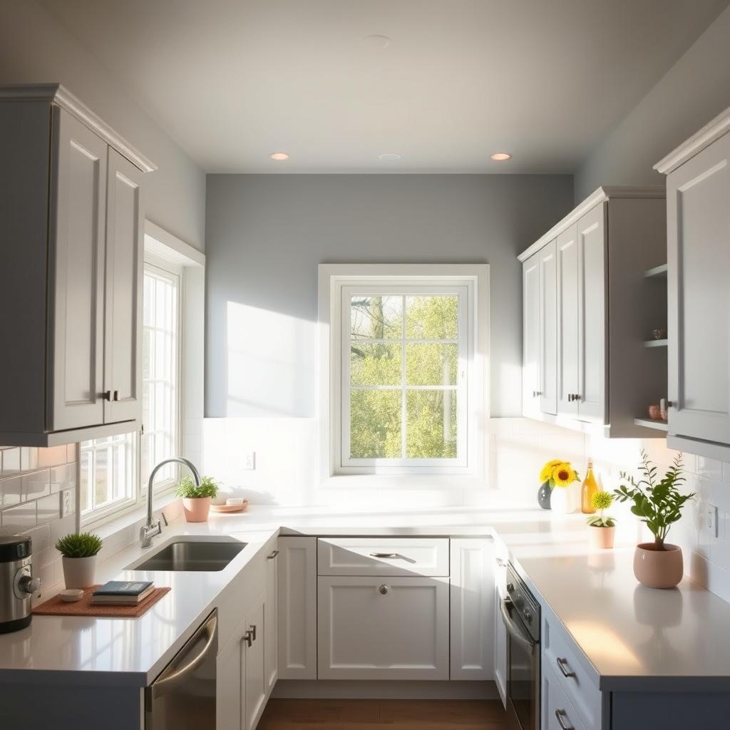 A bright and airy small kitchen with clean white cabinets and countertops. The space is filled with natural light streaming in through large windows, creating a warm and inviting atmosphere. On the counters, a few carefully curated decor pieces and potted plants add pops of color and texture. The walls are painted in a soft, muted blue-gray hue, creating a calming and expansive feel. Strategically placed task lighting under the cabinets and recessed ceiling lights gently illuminate the space. The overall vibe is one of simplicity, elegance, and a sense of spaciousness in a compact kitchen. A bright and airy small kitchen with clean white cabinets and countertops. The space is filled with natural light streaming in through large windows, creating a warm and inviting atmosphere. On the counters, a few carefully curated decor pieces and potted plants add pops of color and texture. The walls are painted in a soft, muted blue-gray hue, creating a calming and expansive feel. Strategically placed task lighting under the cabinets and recessed ceiling lights gently illuminate the space. The overall vibe is one of simplicity, elegance, and a sense of spaciousness in a compact kitchen.