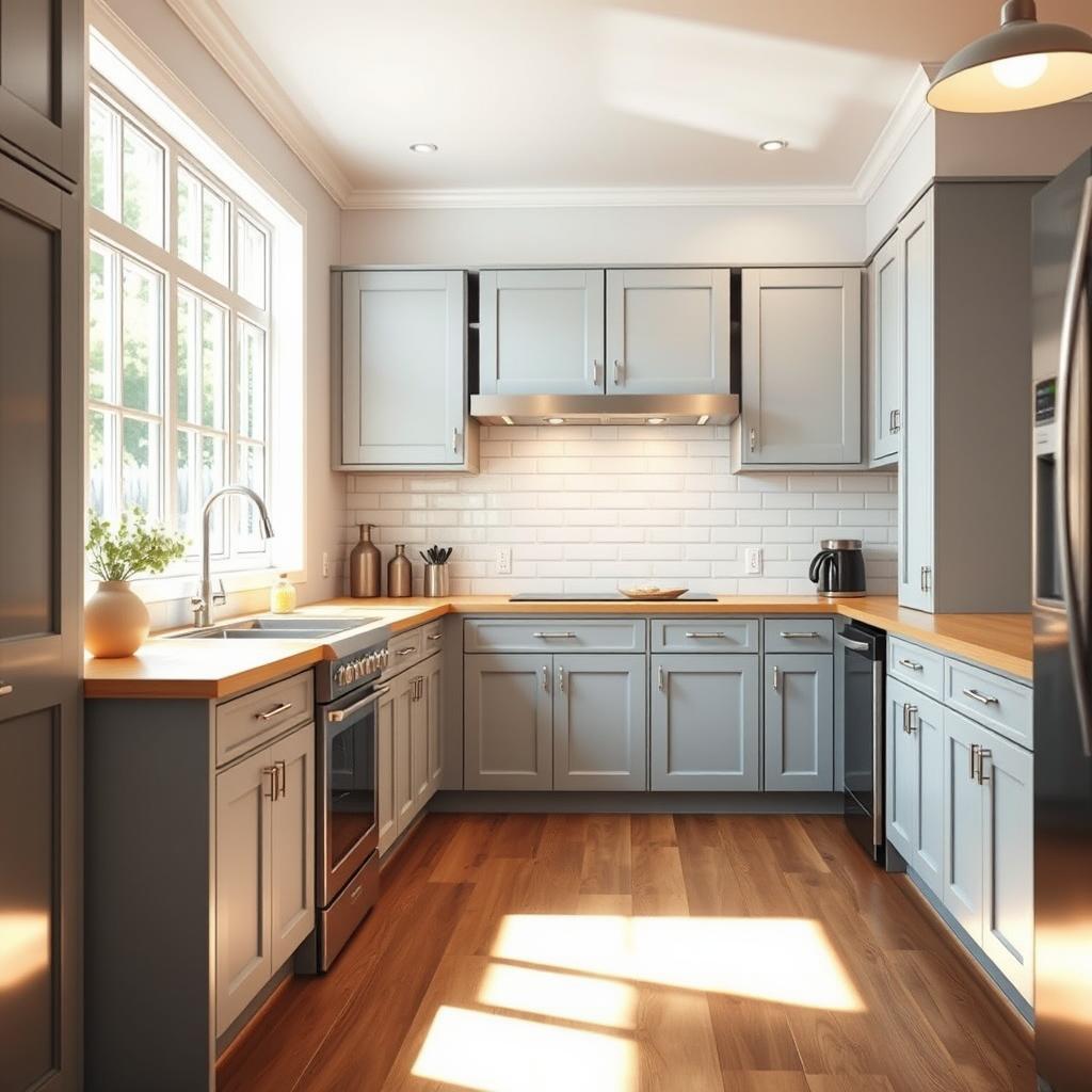 A bright, well-lit kitchen interior with a focal point on a set of painted wooden cabinets. The cabinets are a soft, muted blue-gray color, with a smooth, even finish. The doors and drawers have a simple, minimalist design, with recessed panels and sleek hardware. The cabinets are complemented by a white subway tile backsplash, stainless steel appliances, and a natural wood countertop, creating a harmonious and modern aesthetic. The lighting is a mix of natural sunlight streaming through large windows and warm, ambient overhead lighting, casting a cozy and inviting atmosphere. The scene conveys the durability and versatility of painted kitchen cabinets. A bright, well-lit kitchen interior with a focal point on a set of painted wooden cabinets. The cabinets are a soft, muted blue-gray color, with a smooth, even finish. The doors and drawers have a simple, minimalist design, with recessed panels and sleek hardware. The cabinets are complemented by a white subway tile backsplash, stainless steel appliances, and a natural wood countertop, creating a harmonious and modern aesthetic. The lighting is a mix of natural sunlight streaming through large windows and warm, ambient overhead lighting, casting a cozy and inviting atmosphere. The scene conveys the durability and versatility of painted kitchen cabinets.