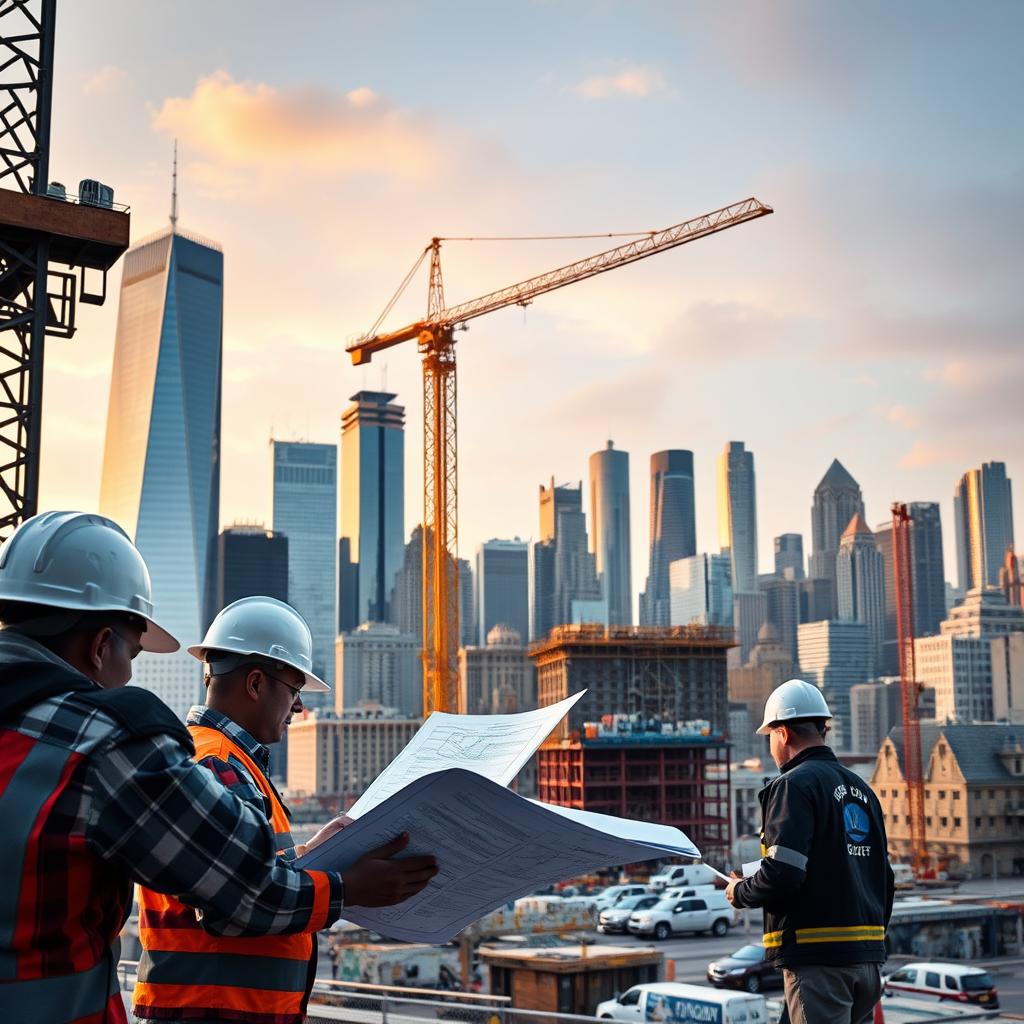 A bustling construction site at the heart of a vibrant city skyline, where workers in hard hats navigate the intricate process of obtaining permits and approvals. In the foreground, an architect reviews blueprints, collaborating with a city planner to ensure compliance with local regulations. In the middle ground, a tower crane hoists materials as construction crews meticulously assemble a new high-rise. The background is dominated by a blend of towering skyscrapers and historic landmarks, bathed in the warm glow of a setting sun, highlighting the contrast between the old and the new. The scene conveys the complexities and costs associated with urban development, where navigating labor and permitting requirements can significantly impact a project's budget. A bustling construction site at the heart of a vibrant city skyline, where workers in hard hats navigate the intricate process of obtaining permits and approvals. In the foreground, an architect reviews blueprints, collaborating with a city planner to ensure compliance with local regulations. In the middle ground, a tower crane hoists materials as construction crews meticulously assemble a new high-rise. The background is dominated by a blend of towering skyscrapers and historic landmarks, bathed in the warm glow of a setting sun, highlighting the contrast between the old and the new. The scene conveys the complexities and costs associated with urban development, where navigating labor and permitting requirements can significantly impact a project's budget.