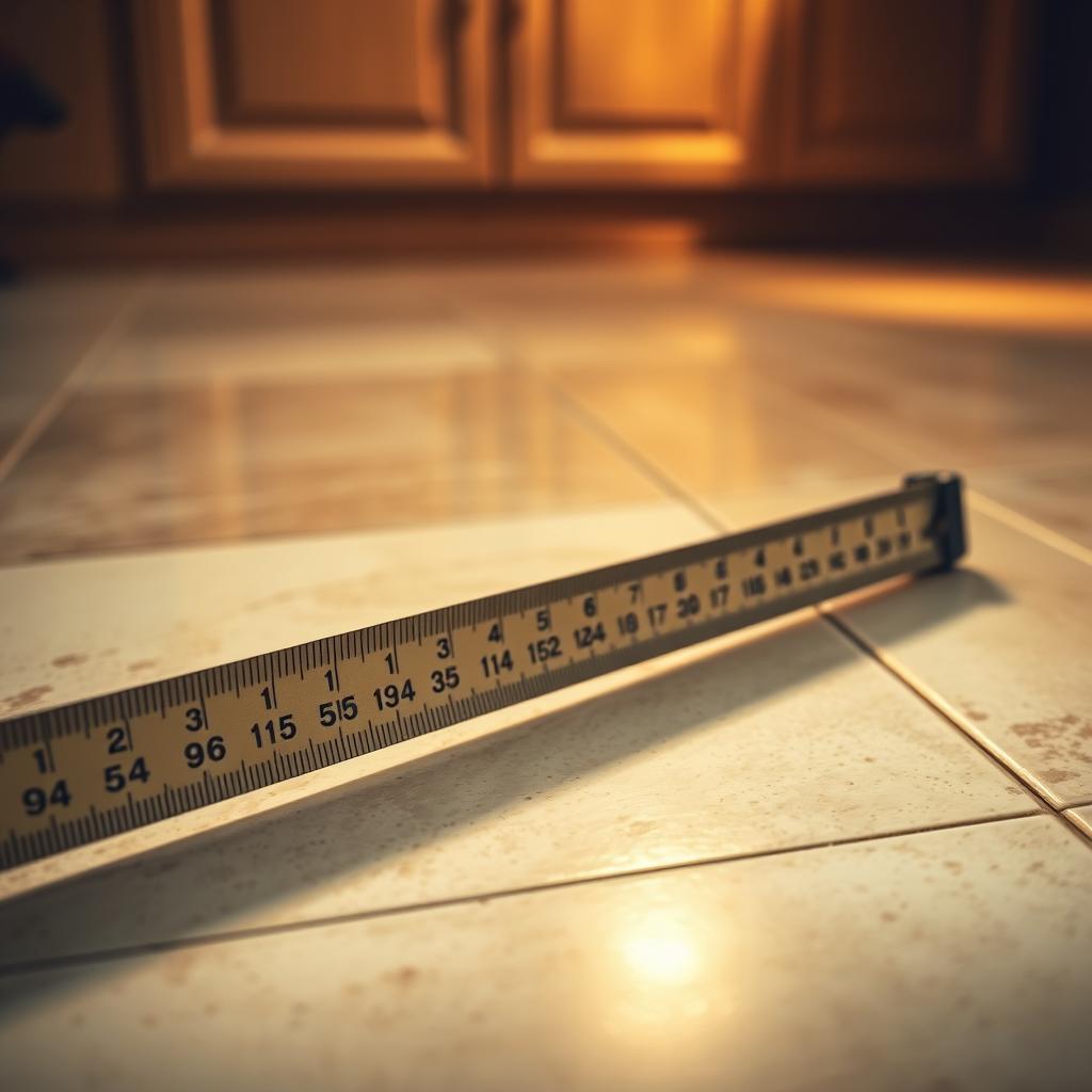 A close-up view of a ruler or measuring tape against a polished, tiled kitchen floor, capturing the concept of "per square foot" cost. Warm, diffused lighting illuminates the scene, casting subtle shadows that accentuate the texture of the tiles. The ruler or tape measure is positioned diagonally, creating a dynamic, asymmetrical composition. The focus is sharp on the ruler, with the surrounding floor blurred, drawing the viewer's attention to the numerical measurements. The overall mood is one of precision, attention to detail, and a sense of the financial considerations involved in a kitchen floor project. A close-up view of a ruler or measuring tape against a polished, tiled kitchen floor, capturing the concept of "per square foot" cost. Warm, diffused lighting illuminates the scene, casting subtle shadows that accentuate the texture of the tiles. The ruler or tape measure is positioned diagonally, creating a dynamic, asymmetrical composition. The focus is sharp on the ruler, with the surrounding floor blurred, drawing the viewer's attention to the numerical measurements. The overall mood is one of precision, attention to detail, and a sense of the financial considerations involved in a kitchen floor project.