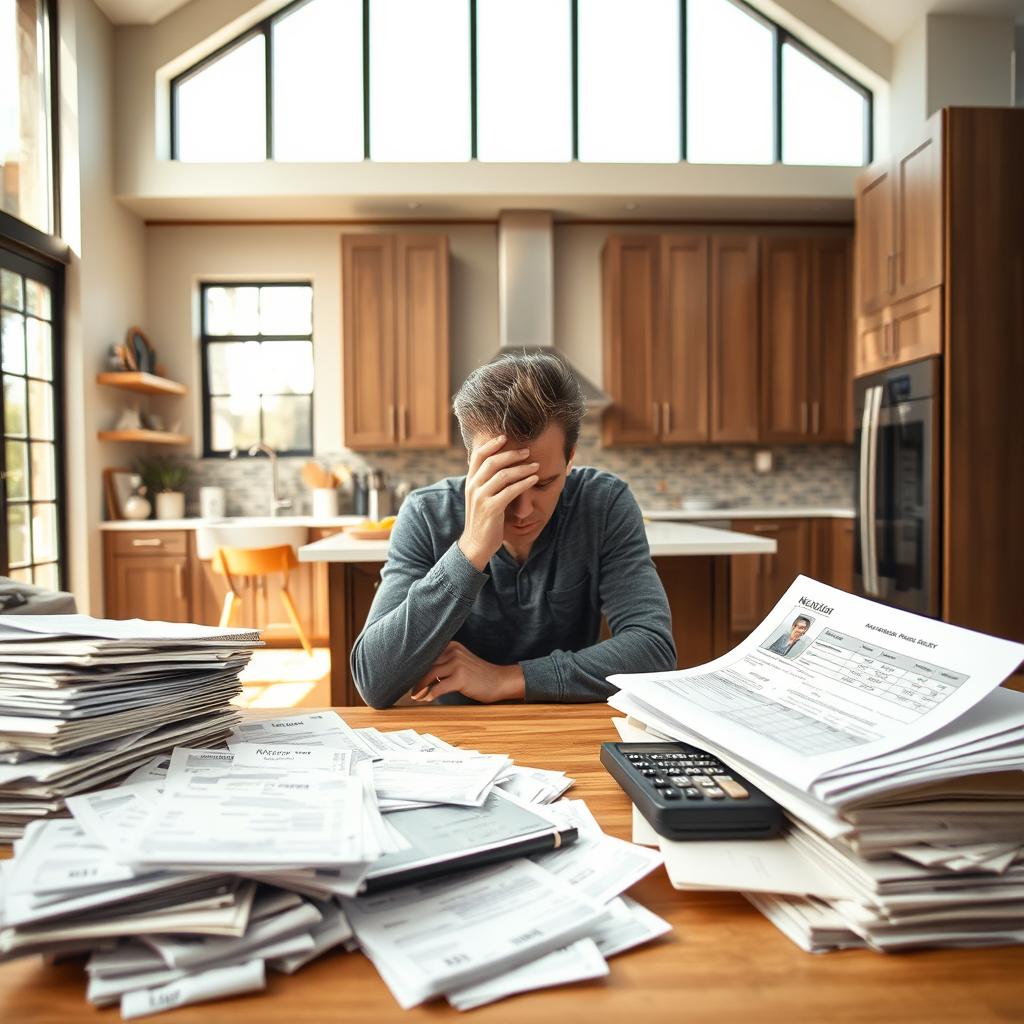 A contemporary kitchen filled with factors impacting its budget. Foreground features stacks of receipts, a calculator, and a frustrated homeowner contemplating costs. Middle ground showcases kitchen appliances, cabinetry, and flooring materials in various price ranges. Background depicts an open floor plan with large windows, allowing natural light to illuminate the space and the budgetary decisions at hand. Warm yet muted color palette, with hints of metallic accents. Slightly low camera angle to convey a sense of the homeowner's perspective and the weight of the financial considerations. Overall, a thoughtful composition that visually represents the labor-to-material split and the factors influencing the kitchen's budget. A contemporary kitchen filled with factors impacting its budget. Foreground features stacks of receipts, a calculator, and a frustrated homeowner contemplating costs. Middle ground showcases kitchen appliances, cabinetry, and flooring materials in various price ranges. Background depicts an open floor plan with large windows, allowing natural light to illuminate the space and the budgetary decisions at hand. Warm yet muted color palette, with hints of metallic accents. Slightly low camera angle to convey a sense of the homeowner's perspective and the weight of the financial considerations. Overall, a thoughtful composition that visually represents the labor-to-material split and the factors influencing the kitchen's budget.