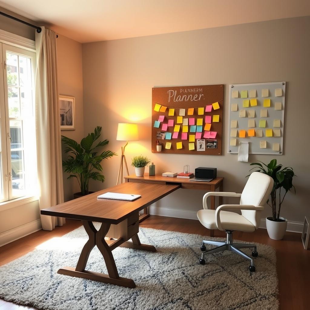 A cozy and organized planner room layout with a large wooden desk, a potted plant, and a bulletin board with color-coded sticky notes. The room has soft, warm lighting from a floor lamp and natural sunlight streaming in through large windows. The walls are a soothing neutral shade, and the floor is covered in a plush, textured rug. The overall atmosphere is one of productivity and calm, perfect for planning and designing a bathroom renovation. A cozy and organized planner room layout with a large wooden desk, a potted plant, and a bulletin board with color-coded sticky notes. The room has soft, warm lighting from a floor lamp and natural sunlight streaming in through large windows. The walls are a soothing neutral shade, and the floor is covered in a plush, textured rug. The overall atmosphere is one of productivity and calm, perfect for planning and designing a bathroom renovation.