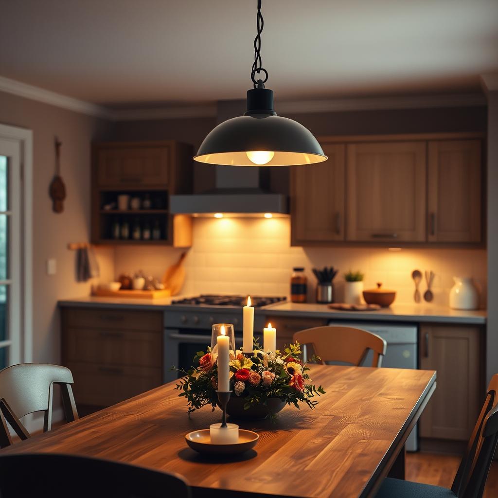 A cozy kitchen filled with warm, soft ambient lighting. The scene features a wooden dining table with a centerpiece of candles and a simple floral arrangement, casting a gentle glow across the space. Overhead, a modern pendant light with a diffused glass shade illuminates the kitchen countertops, where various cooking utensils and ingredients are neatly arranged. The walls are painted in a soothing neutral tone, complemented by earthy-toned cabinetry and hardwood floors. Ambient light spills through a large window, creating a serene and inviting atmosphere perfect for a relaxed meal or casual gathering. A cozy kitchen filled with warm, soft ambient lighting. The scene features a wooden dining table with a centerpiece of candles and a simple floral arrangement, casting a gentle glow across the space. Overhead, a modern pendant light with a diffused glass shade illuminates the kitchen countertops, where various cooking utensils and ingredients are neatly arranged. The walls are painted in a soothing neutral tone, complemented by earthy-toned cabinetry and hardwood floors. Ambient light spills through a large window, creating a serene and inviting atmosphere perfect for a relaxed meal or casual gathering.