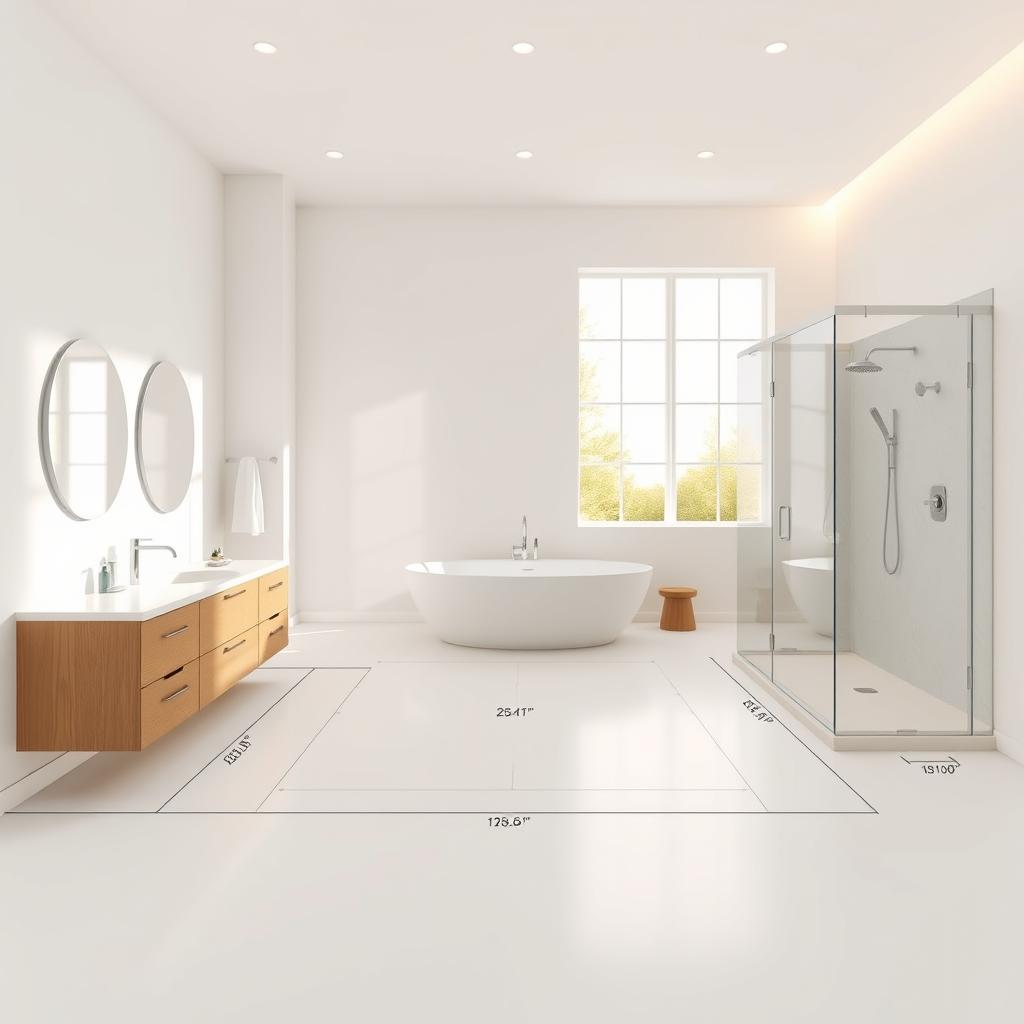 A detailed floor plan of a modern, well-lit bathroom interior. The foreground showcases the key design elements - a large vanity with a double sink, a freestanding bathtub, and a spacious walk-in shower. The middle ground features precise measurements and dimensions, allowing the viewer to visualize the scale and layout. The background depicts a serene, minimalist color palette with warm, natural lighting filtering through large windows, creating a calming, spa-like atmosphere. High-quality, technical 3D rendering with clean lines, accurate proportions, and a focus on usability and functionality for an online bath design tutorial. A detailed floor plan of a modern, well-lit bathroom interior. The foreground showcases the key design elements - a large vanity with a double sink, a freestanding bathtub, and a spacious walk-in shower. The middle ground features precise measurements and dimensions, allowing the viewer to visualize the scale and layout. The background depicts a serene, minimalist color palette with warm, natural lighting filtering through large windows, creating a calming, spa-like atmosphere. High-quality, technical 3D rendering with clean lines, accurate proportions, and a focus on usability and functionality for an online bath design tutorial.