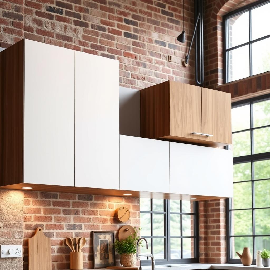 A floating kitchen cabinet arrangement, blending modern and traditional elements. The cabinets are suspended effortlessly, their sleek white panels contrasted by warm wood accents. Soft lighting casts a gentle glow, creating an inviting atmosphere. In the background, a brick wall adds rustic charm, while a large window floods the space with natural light. The scene exudes a sense of balance and harmony, where functionality seamlessly integrates with timeless design. A floating kitchen cabinet arrangement, blending modern and traditional elements. The cabinets are suspended effortlessly, their sleek white panels contrasted by warm wood accents. Soft lighting casts a gentle glow, creating an inviting atmosphere. In the background, a brick wall adds rustic charm, while a large window floods the space with natural light. The scene exudes a sense of balance and harmony, where functionality seamlessly integrates with timeless design.