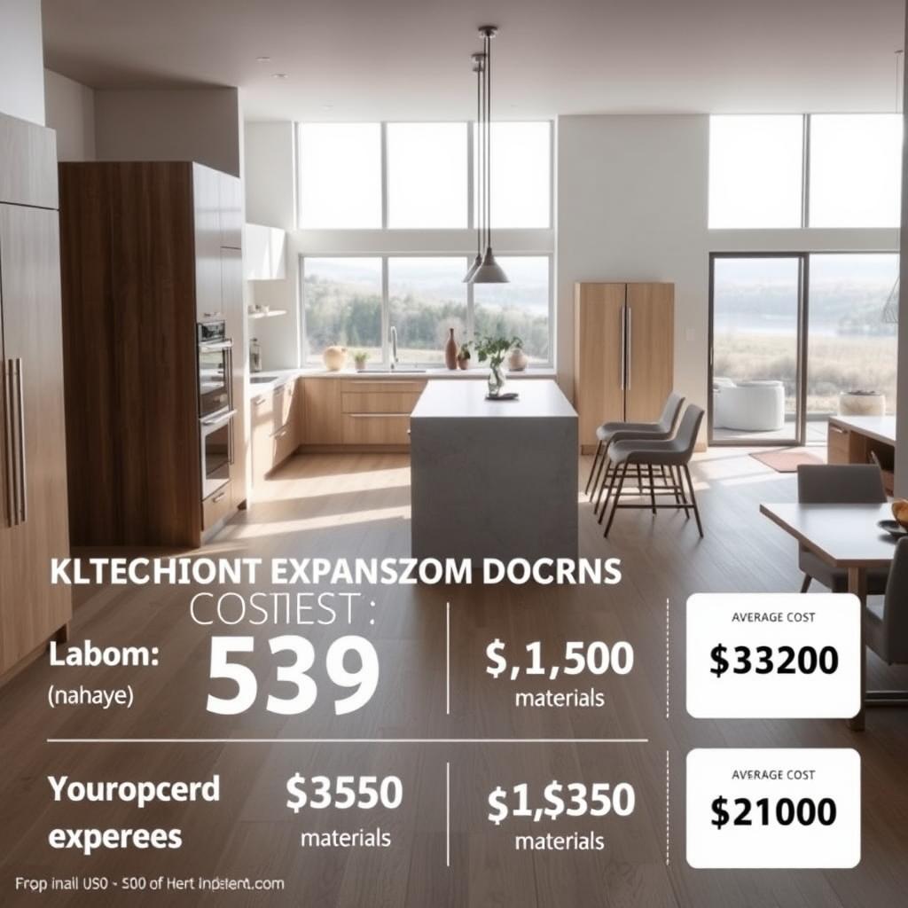 A high-quality, modern kitchen interior with an expanded layout showcasing the cost breakdown. Bright, natural lighting illuminates the sleek cabinets, countertops, and appliances. In the foreground, a detailed infographic presents the average costs for kitchen expansion in the United States, with clear sections for materials, labor, and other expenses. The middle ground features a well-designed kitchen island and dining area, emphasizing the increased functionality and open concept. The background depicts a serene, minimalist aesthetic with large windows overlooking an outdoor landscape, creating a sense of spaciousness. The overall mood is informative, aspirational, and reflective of a high-end kitchen remodel. A high-quality, modern kitchen interior with an expanded layout showcasing the cost breakdown. Bright, natural lighting illuminates the sleek cabinets, countertops, and appliances. In the foreground, a detailed infographic presents the average costs for kitchen expansion in the United States, with clear sections for materials, labor, and other expenses. The middle ground features a well-designed kitchen island and dining area, emphasizing the increased functionality and open concept. The background depicts a serene, minimalist aesthetic with large windows overlooking an outdoor landscape, creating a sense of spaciousness. The overall mood is informative, aspirational, and reflective of a high-end kitchen remodel.