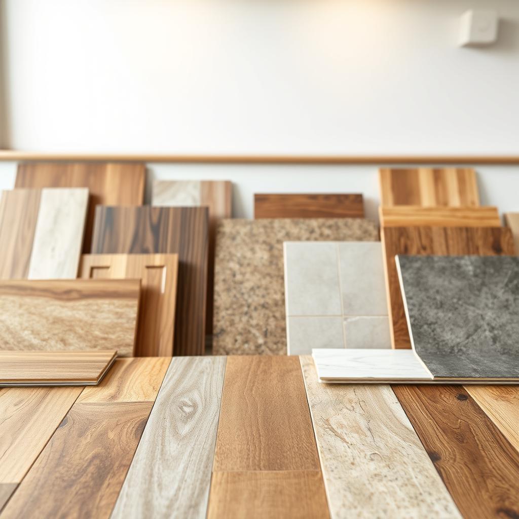 A high-resolution, detailed image of various flooring materials laid out in an organized display. In the foreground, an assortment of flooring tiles, planks, and sheets, including hardwood, laminate, vinyl, tile, and natural stone, showcasing their textures, colors, and patterns. The middle ground features a neutral-toned backdrop, with soft, even lighting from above, creating a clean, studio-like setting. The background is blurred, emphasizing the focus on the flooring samples. The overall composition conveys a sense of comparison and evaluation, suitable for an article on kitchen floor cost breakdown and flooring material trade-offs. A high-resolution, detailed image of various flooring materials laid out in an organized display. In the foreground, an assortment of flooring tiles, planks, and sheets, including hardwood, laminate, vinyl, tile, and natural stone, showcasing their textures, colors, and patterns. The middle ground features a neutral-toned backdrop, with soft, even lighting from above, creating a clean, studio-like setting. The background is blurred, emphasizing the focus on the flooring samples. The overall composition conveys a sense of comparison and evaluation, suitable for an article on kitchen floor cost breakdown and flooring material trade-offs.