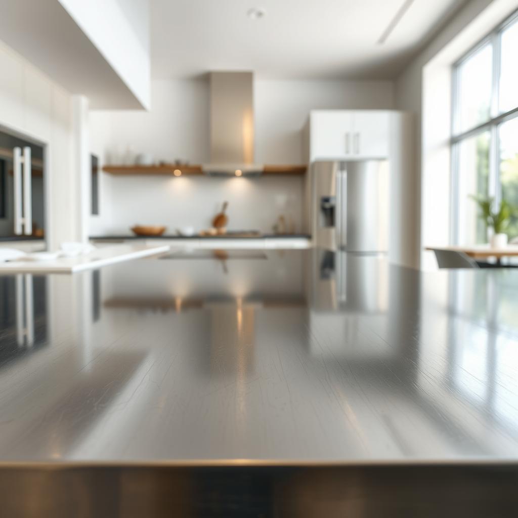 A highly detailed and hyper-realistic stainless steel countertop, capturing the gleam and reflective qualities of the material. The surface is pristine, polished to a mirror-like finish, with subtle textures and patterns that catch the light. Positioned in a bright, airy kitchen setting, the countertop dominates the foreground, its sturdy and industrial appearance exuding a sense of commercial-grade durability and performance. The middle ground features a minimalist, modern kitchen design, with clean lines and neutral tones that complement the stainless steel. The background is softly blurred, emphasizing the countertop as the focal point, a specialized workhorse choice for heavy-use kitchens. A highly detailed and hyper-realistic stainless steel countertop, capturing the gleam and reflective qualities of the material. The surface is pristine, polished to a mirror-like finish, with subtle textures and patterns that catch the light. Positioned in a bright, airy kitchen setting, the countertop dominates the foreground, its sturdy and industrial appearance exuding a sense of commercial-grade durability and performance. The middle ground features a minimalist, modern kitchen design, with clean lines and neutral tones that complement the stainless steel. The background is softly blurred, emphasizing the countertop as the focal point, a specialized workhorse choice for heavy-use kitchens.