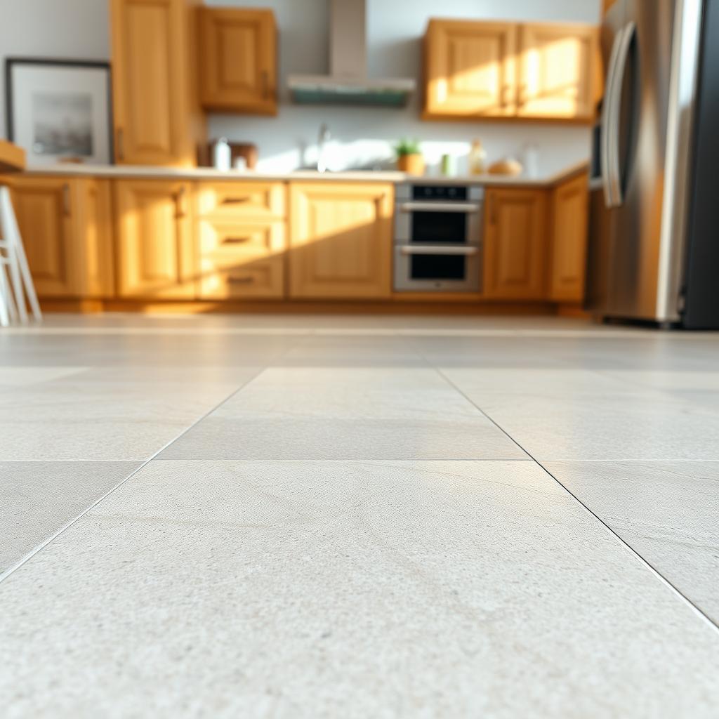 A large, well-lit ceramic porcelain tile in the foreground, showcasing its natural stone-like texture and neutral color tones. The tile is placed on a clean, minimalist surface, allowing its intrinsic beauty to shine. In the background, a softly blurred kitchen setting, with hints of warm wooden cabinetry and sleek stainless steel appliances, creating a harmonious and sophisticated atmosphere. The lighting is diffused and natural, casting gentle shadows and highlighting the tile's dimensional qualities. The overall composition emphasizes the tile's durability, versatility, and aesthetic appeal as a kitchen flooring option. A large, well-lit ceramic porcelain tile in the foreground, showcasing its natural stone-like texture and neutral color tones. The tile is placed on a clean, minimalist surface, allowing its intrinsic beauty to shine. In the background, a softly blurred kitchen setting, with hints of warm wooden cabinetry and sleek stainless steel appliances, creating a harmonious and sophisticated atmosphere. The lighting is diffused and natural, casting gentle shadows and highlighting the tile's dimensional qualities. The overall composition emphasizes the tile's durability, versatility, and aesthetic appeal as a kitchen flooring option.