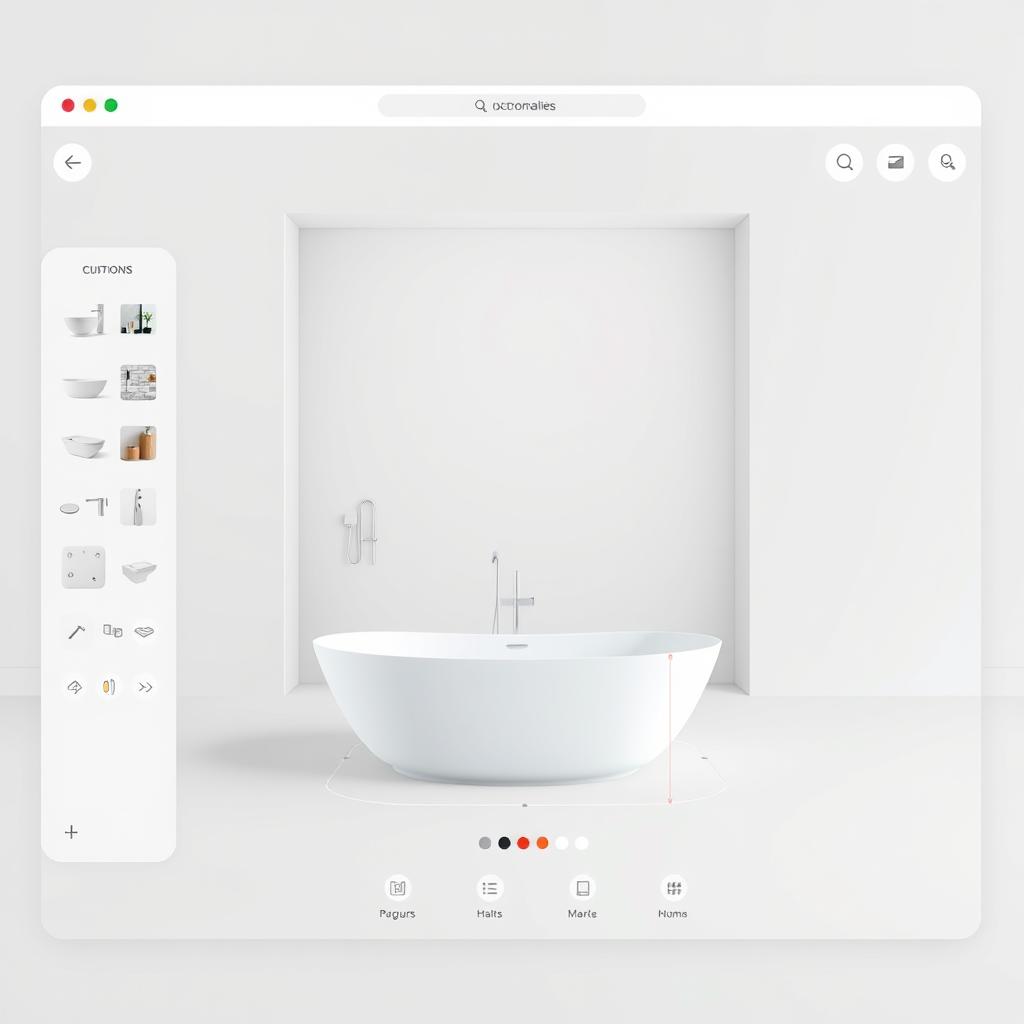 A minimalist and modern bathroom design tool interface, showcasing a clean and intuitive layout. The foreground features a central 3D preview of a freestanding bathtub, with various customizable options and controls arranged around it. The middle ground displays a sidebar with different bathroom fixtures, tiles, and accessories that can be selected and incorporated into the design. The background has a muted, soft-focus gradient, creating a calming and focused atmosphere for the user to explore and experiment with their dream bathroom setup. A minimalist and modern bathroom design tool interface, showcasing a clean and intuitive layout. The foreground features a central 3D preview of a freestanding bathtub, with various customizable options and controls arranged around it. The middle ground displays a sidebar with different bathroom fixtures, tiles, and accessories that can be selected and incorporated into the design. The background has a muted, soft-focus gradient, creating a calming and focused atmosphere for the user to explore and experiment with their dream bathroom setup.