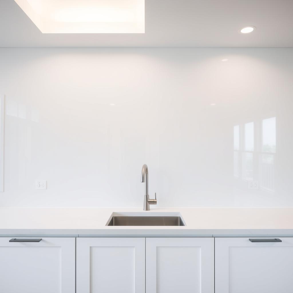 A minimalist and seamless white-on-white kitchen backsplash with a soft, ethereal ambiance. A clean, uninterrupted expanse of pristine, lustrous tiles reflecting the gentle natural light filtering through large windows. Subtle variations in the tile texture create a soothing visual interest, while the overall effect is one of serene, understated elegance. The backsplash extends to the ceiling, creating a sense of spaciousness and seamlessness. Smooth, recessed lighting casts a warm, diffused glow, enhancing the serene, spa-like atmosphere. The backsplash appears to float effortlessly, blending harmoniously with the surrounding white cabinetry and countertops for a cohesive, minimalist aesthetic. A minimalist and seamless white-on-white kitchen backsplash with a soft, ethereal ambiance. A clean, uninterrupted expanse of pristine, lustrous tiles reflecting the gentle natural light filtering through large windows. Subtle variations in the tile texture create a soothing visual interest, while the overall effect is one of serene, understated elegance. The backsplash extends to the ceiling, creating a sense of spaciousness and seamlessness. Smooth, recessed lighting casts a warm, diffused glow, enhancing the serene, spa-like atmosphere. The backsplash appears to float effortlessly, blending harmoniously with the surrounding white cabinetry and countertops for a cohesive, minimalist aesthetic.