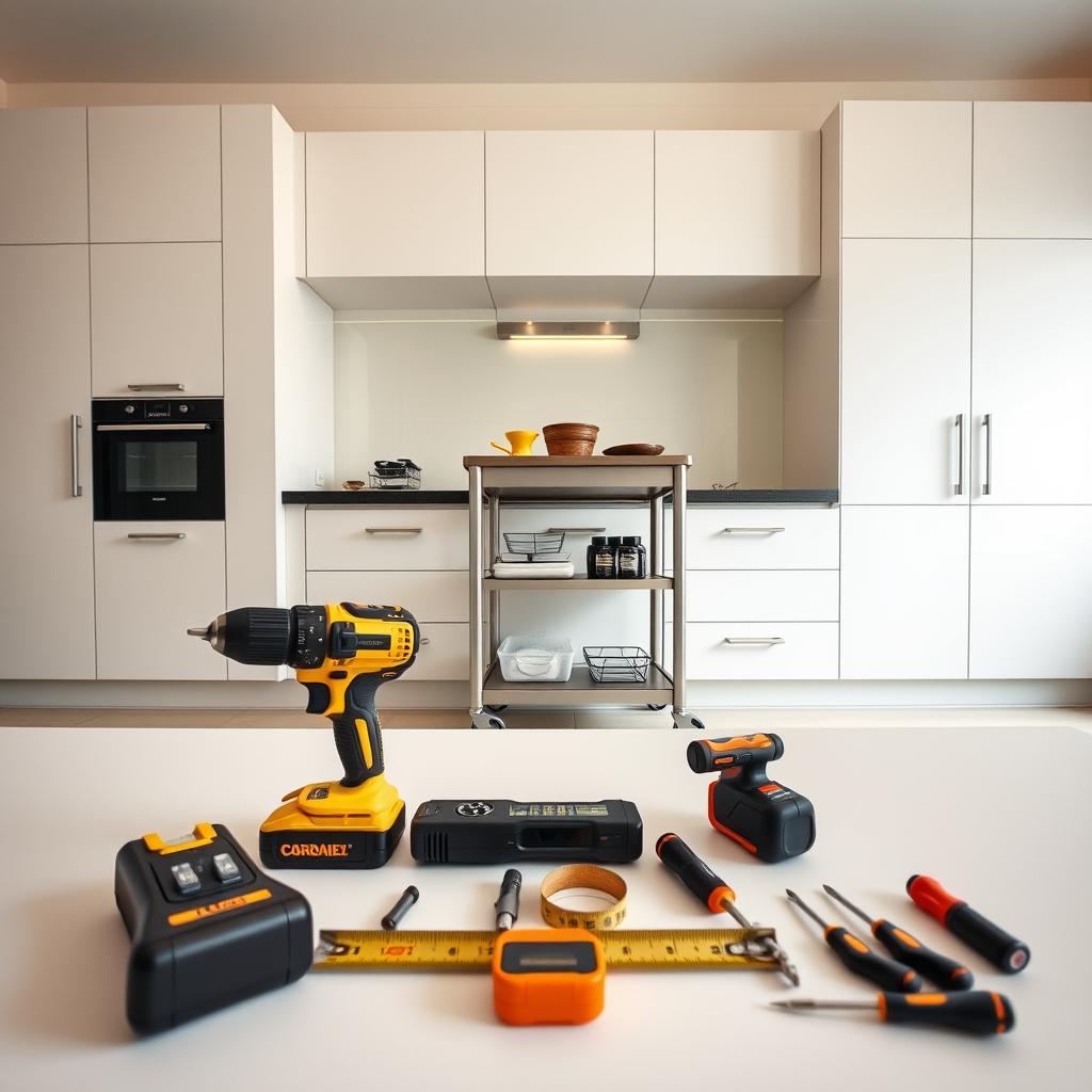 A minimalist, modern kitchen with handleless cabinets takes center stage. In the foreground, an array of installation essentials is neatly arranged: a cordless drill, a level, a tape measure, and a set of screwdrivers. The middle ground features a sleek, stainless steel utility cart, its shelves stocked with tools and hardware. In the background, the kitchen's clean lines and muted color palette create a tranquil, organized atmosphere, emphasizing the importance of careful planning and preparation for a successful installation. Soft, diffused lighting casts a warm glow, while a wide-angle lens captures the scene in sharp detail, highlighting the modern aesthetic and the essential components for a flawless cabinet installation. A minimalist, modern kitchen with handleless cabinets takes center stage. In the foreground, an array of installation essentials is neatly arranged: a cordless drill, a level, a tape measure, and a set of screwdrivers. The middle ground features a sleek, stainless steel utility cart, its shelves stocked with tools and hardware. In the background, the kitchen's clean lines and muted color palette create a tranquil, organized atmosphere, emphasizing the importance of careful planning and preparation for a successful installation. Soft, diffused lighting casts a warm glow, while a wide-angle lens captures the scene in sharp detail, highlighting the modern aesthetic and the essential components for a flawless cabinet installation.