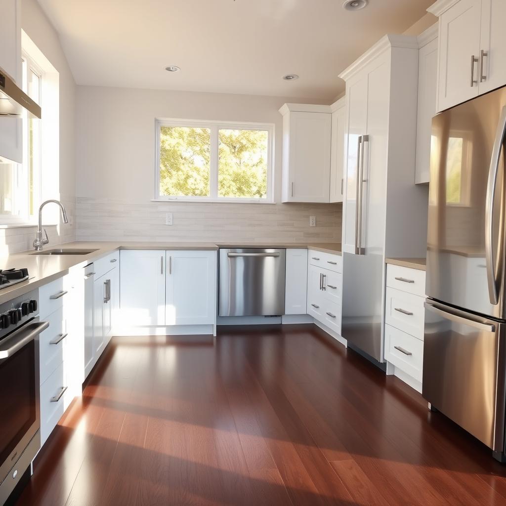 A modern and well-appointed kitchen interior, bathed in warm, natural lighting from large windows. In the foreground, sleek white cabinets with minimalist handles line the walls, complemented by a quartz countertop in a neutral tone. Gleaming stainless steel appliances - a range, oven, and dishwasher - stand out against the dark hardwood flooring. The middle ground features a central island with additional cabinets and drawers, providing ample storage and preparation space. The background showcases a tiled backsplash in a subtle, muted pattern, adding depth and texture to the scene. The overall atmosphere is one of functionality, sophistication, and attention to detail. A modern and well-appointed kitchen interior, bathed in warm, natural lighting from large windows. In the foreground, sleek white cabinets with minimalist handles line the walls, complemented by a quartz countertop in a neutral tone. Gleaming stainless steel appliances - a range, oven, and dishwasher - stand out against the dark hardwood flooring. The middle ground features a central island with additional cabinets and drawers, providing ample storage and preparation space. The background showcases a tiled backsplash in a subtle, muted pattern, adding depth and texture to the scene. The overall atmosphere is one of functionality, sophistication, and attention to detail.