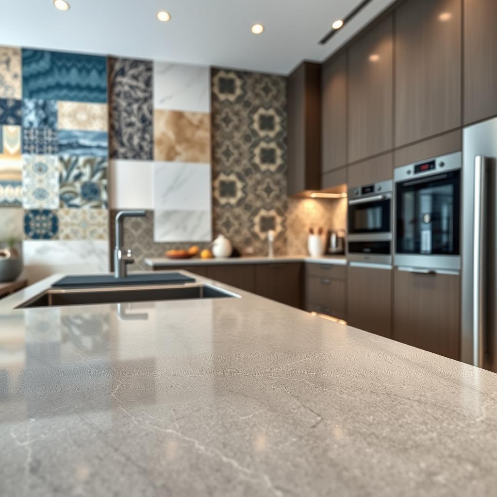 A modern, high-end kitchen showcasing a captivating array of porcelain slab designs. In the foreground, a sleek, seamless porcelain countertop in a striking gray hue with subtle veining patterns, reflecting the ambient lighting. Behind it, a series of porcelain tiles in a range of colors and patterns, including vibrant blues, warm beiges, and intricate geometric designs, adorning the walls. In the background, the kitchen cabinetry and appliances are blended harmoniously, creating a cohesive and visually striking environment. The scene is captured with a wide-angle lens, highlighting the overall design and the versatility of porcelain as a modern kitchen material. A modern, high-end kitchen showcasing a captivating array of porcelain slab designs. In the foreground, a sleek, seamless porcelain countertop in a striking gray hue with subtle veining patterns, reflecting the ambient lighting. Behind it, a series of porcelain tiles in a range of colors and patterns, including vibrant blues, warm beiges, and intricate geometric designs, adorning the walls. In the background, the kitchen cabinetry and appliances are blended harmoniously, creating a cohesive and visually striking environment. The scene is captured with a wide-angle lens, highlighting the overall design and the versatility of porcelain as a modern kitchen material.