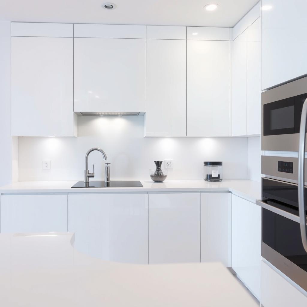 A modern kitchen with a sleek, minimalist design. The backsplash is a smooth, uniform laminate in a light, neutral tone, creating a clean, cohesive look. The laminate extends seamlessly from the countertops, blending the surfaces for a cohesive, high-end aesthetic. Soft, even lighting illuminates the space, highlighting the smooth, reflective surface of the backsplash. The backsplash is complemented by white cabinets and stainless steel appliances, creating a bright, airy atmosphere. The overall scene conveys a sense of sophistication and practicality, capturing the essence of a stylish, contemporary kitchen design. A modern kitchen with a sleek, minimalist design. The backsplash is a smooth, uniform laminate in a light, neutral tone, creating a clean, cohesive look. The laminate extends seamlessly from the countertops, blending the surfaces for a cohesive, high-end aesthetic. Soft, even lighting illuminates the space, highlighting the smooth, reflective surface of the backsplash. The backsplash is complemented by white cabinets and stainless steel appliances, creating a bright, airy atmosphere. The overall scene conveys a sense of sophistication and practicality, capturing the essence of a stylish, contemporary kitchen design.