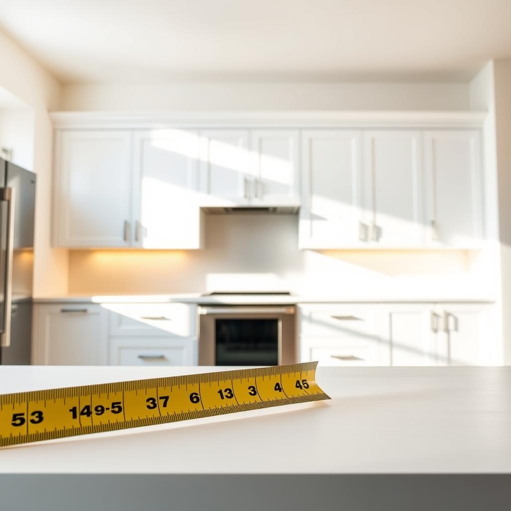 A modern kitchen with sleek, minimalist white cabinets stretches across the frame, evenly spaced and neatly installed. The cabinets are backlit, creating a warm, inviting glow that highlights their clean lines and crisp finish. A tape measure is prominently displayed in the foreground, its markings clearly visible, indicating the "per linear foot" measurement scale. The kitchen is bathed in natural light, creating a bright, airy atmosphere. The image is captured from a slightly elevated angle, giving a clear, comprehensive view of the cabinet installation. The overall mood is one of precision, efficiency, and attention to detail, reflecting the technical nature of the cabinet installation process. A modern kitchen with sleek, minimalist white cabinets stretches across the frame, evenly spaced and neatly installed. The cabinets are backlit, creating a warm, inviting glow that highlights their clean lines and crisp finish. A tape measure is prominently displayed in the foreground, its markings clearly visible, indicating the "per linear foot" measurement scale. The kitchen is bathed in natural light, creating a bright, airy atmosphere. The image is captured from a slightly elevated angle, giving a clear, comprehensive view of the cabinet installation. The overall mood is one of precision, efficiency, and attention to detail, reflecting the technical nature of the cabinet installation process.