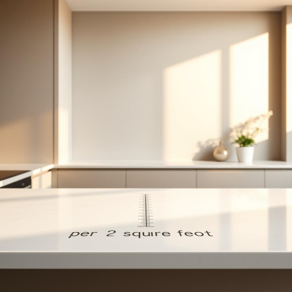 A modern, minimalist kitchen interior with a sleek, white quartz countertop. The countertop features a prominent ruler graphic, illustrating the "per square foot" measurement unit. The ruler is etched into the surface, creating a subtle, tactile impression. The kitchen is bathed in warm, diffused natural light, creating a serene and inviting atmosphere. The background is a soft, muted gray wall, allowing the countertop and ruler to be the focal point. The overall composition is carefully balanced, emphasizing the precise and practical nature of the "per square foot" concept within the context of an urban kitchen remodel. A modern, minimalist kitchen interior with a sleek, white quartz countertop. The countertop features a prominent ruler graphic, illustrating the "per square foot" measurement unit. The ruler is etched into the surface, creating a subtle, tactile impression. The kitchen is bathed in warm, diffused natural light, creating a serene and inviting atmosphere. The background is a soft, muted gray wall, allowing the countertop and ruler to be the focal point. The overall composition is carefully balanced, emphasizing the precise and practical nature of the "per square foot" concept within the context of an urban kitchen remodel.