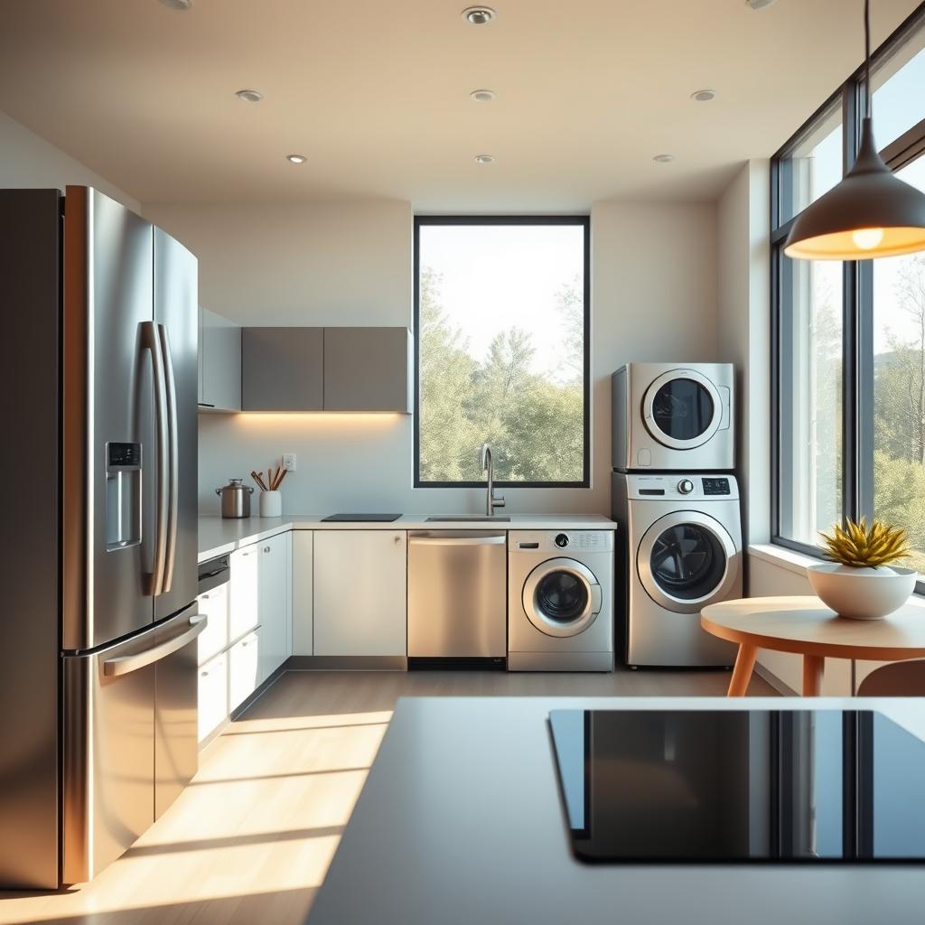A modern, minimalist kitchen interior with an array of energy-efficient appliances in a sleek, stainless-steel finish. The foreground showcases a spacious refrigerator, a high-tech induction cooktop, and a steam oven with smart controls. In the middle ground, a dishwasher and a top-loading washer-dryer combo blend seamlessly into the minimalist cabinetry. The background features large windows with energy-efficient glazing, allowing natural light to flood the space and highlighting the overall eco-friendly aesthetic. The lighting is a combination of recessed LED fixtures and pendant lamps, creating a warm, inviting atmosphere. The entire scene exudes a sense of sustainability and technological innovation. A modern, minimalist kitchen interior with an array of energy-efficient appliances in a sleek, stainless-steel finish. The foreground showcases a spacious refrigerator, a high-tech induction cooktop, and a steam oven with smart controls. In the middle ground, a dishwasher and a top-loading washer-dryer combo blend seamlessly into the minimalist cabinetry. The background features large windows with energy-efficient glazing, allowing natural light to flood the space and highlighting the overall eco-friendly aesthetic. The lighting is a combination of recessed LED fixtures and pendant lamps, creating a warm, inviting atmosphere. The entire scene exudes a sense of sustainability and technological innovation.