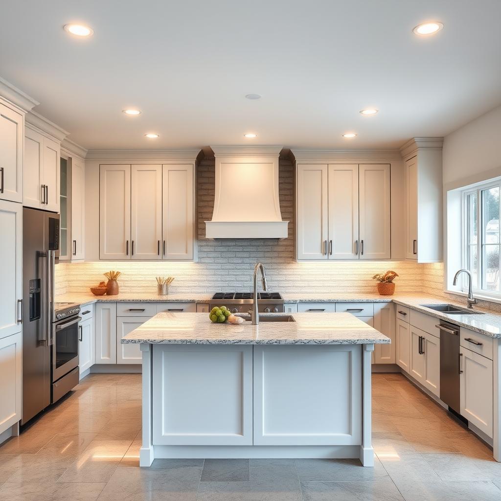 A modern, well-designed kitchen layout showcasing a harmonious blend of functionality and aesthetic appeal. The central island stands as the focal point, adorned with sleek, minimalist cabinetry in a light, neutral tone. Surrounding the island are rows of wall-mounted cabinets, complemented by a backsplash of gleaming subway tiles. Recessed lighting casts a warm, inviting glow, while large windows flood the space with natural illumination, creating a bright, airy atmosphere. Stainless steel appliances and a farmhouse-style sink add a touch of industrial chic, while the polished granite countertops provide a durable, easy-to-maintain surface. The layout encourages efficient workflow, with ample counter space and strategic placement of key elements, making this an ideal kitchen design for both casual family gatherings and sophisticated dinner parties. A modern, well-designed kitchen layout showcasing a harmonious blend of functionality and aesthetic appeal. The central island stands as the focal point, adorned with sleek, minimalist cabinetry in a light, neutral tone. Surrounding the island are rows of wall-mounted cabinets, complemented by a backsplash of gleaming subway tiles. Recessed lighting casts a warm, inviting glow, while large windows flood the space with natural illumination, creating a bright, airy atmosphere. Stainless steel appliances and a farmhouse-style sink add a touch of industrial chic, while the polished granite countertops provide a durable, easy-to-maintain surface. The layout encourages efficient workflow, with ample counter space and strategic placement of key elements, making this an ideal kitchen design for both casual family gatherings and sophisticated dinner parties.