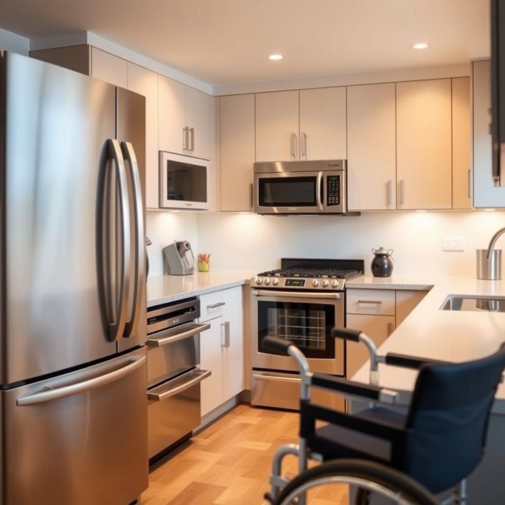 A modern, well-lit kitchen interior showcasing a range of ADA-compliant appliances. In the foreground, a sleek, stainless-steel refrigerator, dishwasher, and oven with easy-to-reach controls and pull-out drawers. In the middle ground, a gas cooktop with large, tactile knobs and a microwave oven mounted at an accessible height. The background features a minimalist, light-colored cabinetry and countertops, with ample space for maneuvering a wheelchair or walker. Warm, diffused lighting illuminates the scene, creating a welcoming and functional atmosphere for an inclusive kitchen design. A modern, well-lit kitchen interior showcasing a range of ADA-compliant appliances. In the foreground, a sleek, stainless-steel refrigerator, dishwasher, and oven with easy-to-reach controls and pull-out drawers. In the middle ground, a gas cooktop with large, tactile knobs and a microwave oven mounted at an accessible height. The background features a minimalist, light-colored cabinetry and countertops, with ample space for maneuvering a wheelchair or walker. Warm, diffused lighting illuminates the scene, creating a welcoming and functional atmosphere for an inclusive kitchen design.