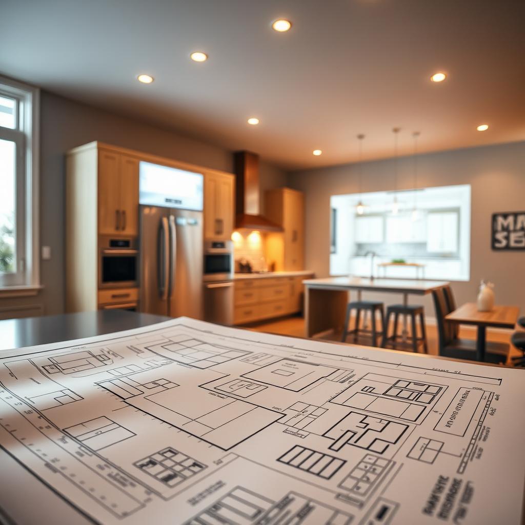 A modern, well-lit kitchen interior with a focus on the remodeling process. In the foreground, a detailed plan or blueprint of the kitchen layout is visible, with measurements and annotations. The middle ground showcases various kitchen appliances, fixtures, and finishes laid out, representing the materials selection stage. In the background, a 3D rendering or digital model of the proposed kitchen design is projected onto a wall, showcasing the final vision. The lighting is warm and inviting, with a mixture of natural and artificial sources to create a balanced and harmonious atmosphere. The overall mood is one of organization, precision, and anticipation, reflecting the step-by-step approach to kitchen remodeling. A modern, well-lit kitchen interior with a focus on the remodeling process. In the foreground, a detailed plan or blueprint of the kitchen layout is visible, with measurements and annotations. The middle ground showcases various kitchen appliances, fixtures, and finishes laid out, representing the materials selection stage. In the background, a 3D rendering or digital model of the proposed kitchen design is projected onto a wall, showcasing the final vision. The lighting is warm and inviting, with a mixture of natural and artificial sources to create a balanced and harmonious atmosphere. The overall mood is one of organization, precision, and anticipation, reflecting the step-by-step approach to kitchen remodeling.