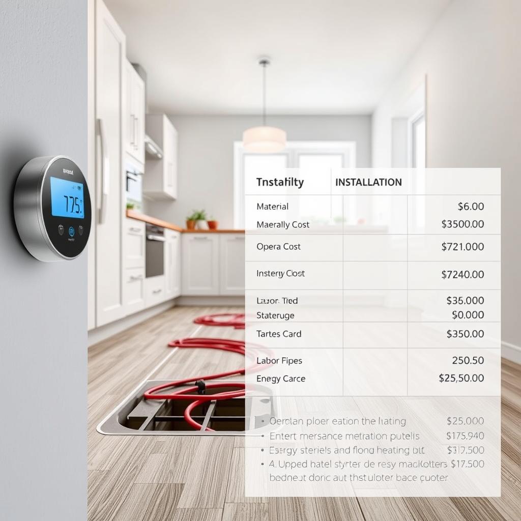 A modern, well-lit kitchen with a radiant floor heating system. In the foreground, a digital thermostat displays the current temperature. In the middle ground, underfloor pipes and wiring are visible through a cutaway section of the flooring. The background shows a detailed breakdown of the installation and operating costs for the heating system, including materials, labor, and energy consumption. The image has a clean, technical aesthetic with a neutral color palette, emphasizing the practical and financial aspects of the heating system. A modern, well-lit kitchen with a radiant floor heating system. In the foreground, a digital thermostat displays the current temperature. In the middle ground, underfloor pipes and wiring are visible through a cutaway section of the flooring. The background shows a detailed breakdown of the installation and operating costs for the heating system, including materials, labor, and energy consumption. The image has a clean, technical aesthetic with a neutral color palette, emphasizing the practical and financial aspects of the heating system.