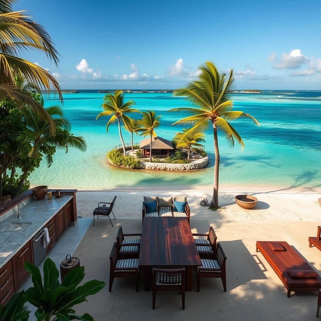 A picturesque island retreat nestled amidst a turquoise ocean, its lush tropical foliage casting soft shadows across the sandy shores. In the foreground, an inviting outdoor kitchen and dining area, crafted from natural materials like weathered wood and stone, blending seamlessly with the island's rustic charm. The middle ground features a central gathering space, with a large wooden table surrounded by comfortable seating, all bathed in the warm glow of ambient lighting. In the background, a panoramic vista of swaying palm trees, vibrant flora, and the distant horizon, creating a serene and enchanting atmosphere perfect for effortless social gatherings and entertaining. A picturesque island retreat nestled amidst a turquoise ocean, its lush tropical foliage casting soft shadows across the sandy shores. In the foreground, an inviting outdoor kitchen and dining area, crafted from natural materials like weathered wood and stone, blending seamlessly with the island's rustic charm. The middle ground features a central gathering space, with a large wooden table surrounded by comfortable seating, all bathed in the warm glow of ambient lighting. In the background, a panoramic vista of swaying palm trees, vibrant flora, and the distant horizon, creating a serene and enchanting atmosphere perfect for effortless social gatherings and entertaining.