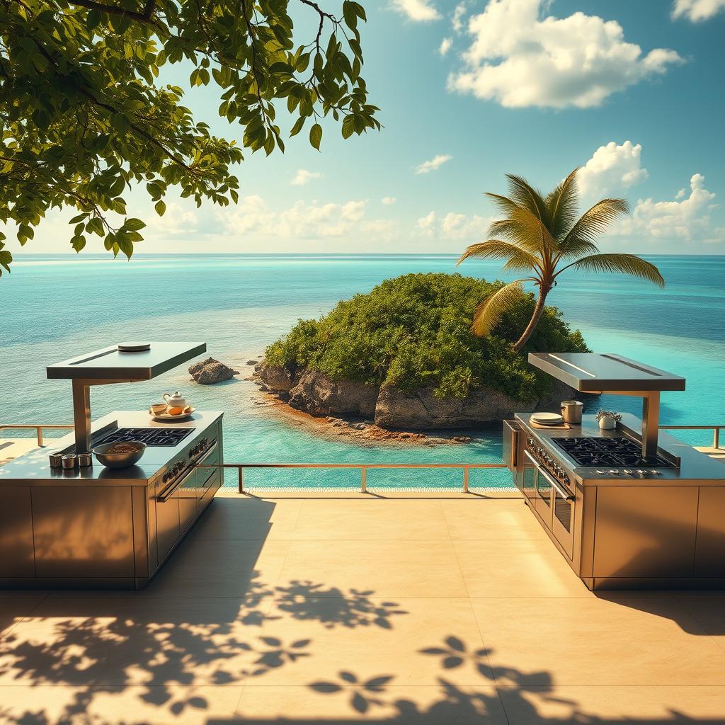 A serene, sun-drenched island with lush, verdant foliage and a gentle azure sea lapping at its shores. In the foreground, two state-of-the-art chef's workstations sit side by side, equipped with gleaming stainless steel appliances, ample counter space, and ergonomic designs that facilitate effortless collaboration between the two cooks. Warm, directional lighting bathes the scene, casting soft shadows and highlighting the vibrant colors. The overall atmosphere exudes a sense of tranquility and efficiency, perfectly suited for the "Smart upgrades that make two cooks faster and happier." A serene, sun-drenched island with lush, verdant foliage and a gentle azure sea lapping at its shores. In the foreground, two state-of-the-art chef's workstations sit side by side, equipped with gleaming stainless steel appliances, ample counter space, and ergonomic designs that facilitate effortless collaboration between the two cooks. Warm, directional lighting bathes the scene, casting soft shadows and highlighting the vibrant colors. The overall atmosphere exudes a sense of tranquility and efficiency, perfectly suited for the "Smart upgrades that make two cooks faster and happier."