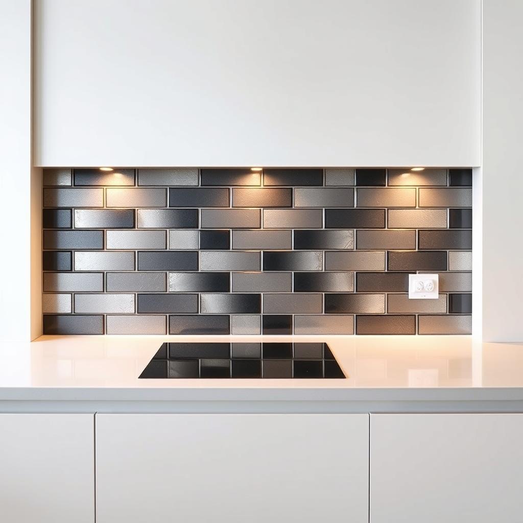 A sleek, minimalist kitchen backsplash with a statement tile pattern. The tiles are arranged in a bold, geometric design, featuring a mix of metallic silver and matte black hues. The tiles are set against a clean, white wall, creating a striking contrast. The lighting is soft and even, with a subtle warm glow that highlights the subtle texture and sheen of the tiles. The composition is balanced and symmetrical, with the tiles filling the frame in a clean, uncluttered manner. The overall mood is one of modern, sophisticated elegance, perfectly suited to accentuate the "Statement Tile and Metallic Accents" section of the article. A sleek, minimalist kitchen backsplash with a statement tile pattern. The tiles are arranged in a bold, geometric design, featuring a mix of metallic silver and matte black hues. The tiles are set against a clean, white wall, creating a striking contrast. The lighting is soft and even, with a subtle warm glow that highlights the subtle texture and sheen of the tiles. The composition is balanced and symmetrical, with the tiles filling the frame in a clean, uncluttered manner. The overall mood is one of modern, sophisticated elegance, perfectly suited to accentuate the "Statement Tile and Metallic Accents" section of the article.