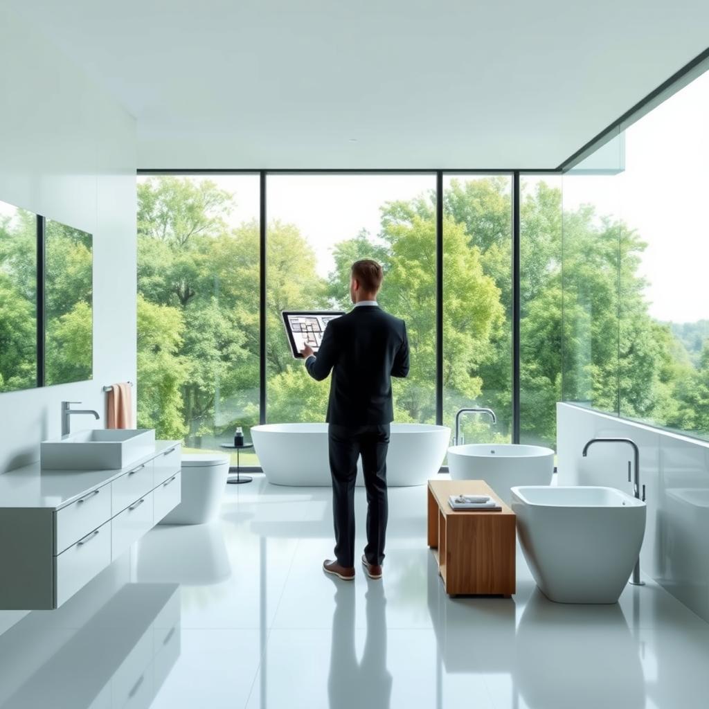 A sleek, modern bathroom design with a crisp, clean aesthetic. The scene depicts a person standing in the center, looking at a digital floorplan displayed on a large screen or tablet. The lighting is bright and natural, with soft shadows and highlights that accentuate the minimalist lines and textures of the bathroom fixtures and furnishings. The background features a wall of full-height windows, allowing for a panoramic view of a lush, verdant landscape outside. The overall mood is one of focus, creativity, and the excitement of bringing a design vision to life. A sleek, modern bathroom design with a crisp, clean aesthetic. The scene depicts a person standing in the center, looking at a digital floorplan displayed on a large screen or tablet. The lighting is bright and natural, with soft shadows and highlights that accentuate the minimalist lines and textures of the bathroom fixtures and furnishings. The background features a wall of full-height windows, allowing for a panoramic view of a lush, verdant landscape outside. The overall mood is one of focus, creativity, and the excitement of bringing a design vision to life.