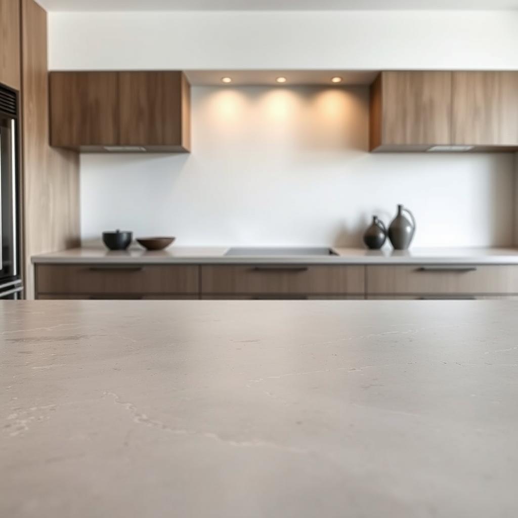 A sleek, modern concrete countertop set against a minimalist kitchen backdrop. The surface has a smooth, honed finish, showcasing the material's inherent strength and durability. Warm, diffused lighting from above casts gentle shadows, accentuating the depth and texture of the concrete. The countertop seamlessly integrates with the surrounding cabinetry, creating a cohesive, high-end aesthetic. The image conveys a sense of solidity, sophistication, and timeless appeal - the perfect representation of concrete's core qualities as a durable, long-lasting, and design-forward material for the heart of the home. A sleek, modern concrete countertop set against a minimalist kitchen backdrop. The surface has a smooth, honed finish, showcasing the material's inherent strength and durability. Warm, diffused lighting from above casts gentle shadows, accentuating the depth and texture of the concrete. The countertop seamlessly integrates with the surrounding cabinetry, creating a cohesive, high-end aesthetic. The image conveys a sense of solidity, sophistication, and timeless appeal - the perfect representation of concrete's core qualities as a durable, long-lasting, and design-forward material for the heart of the home.