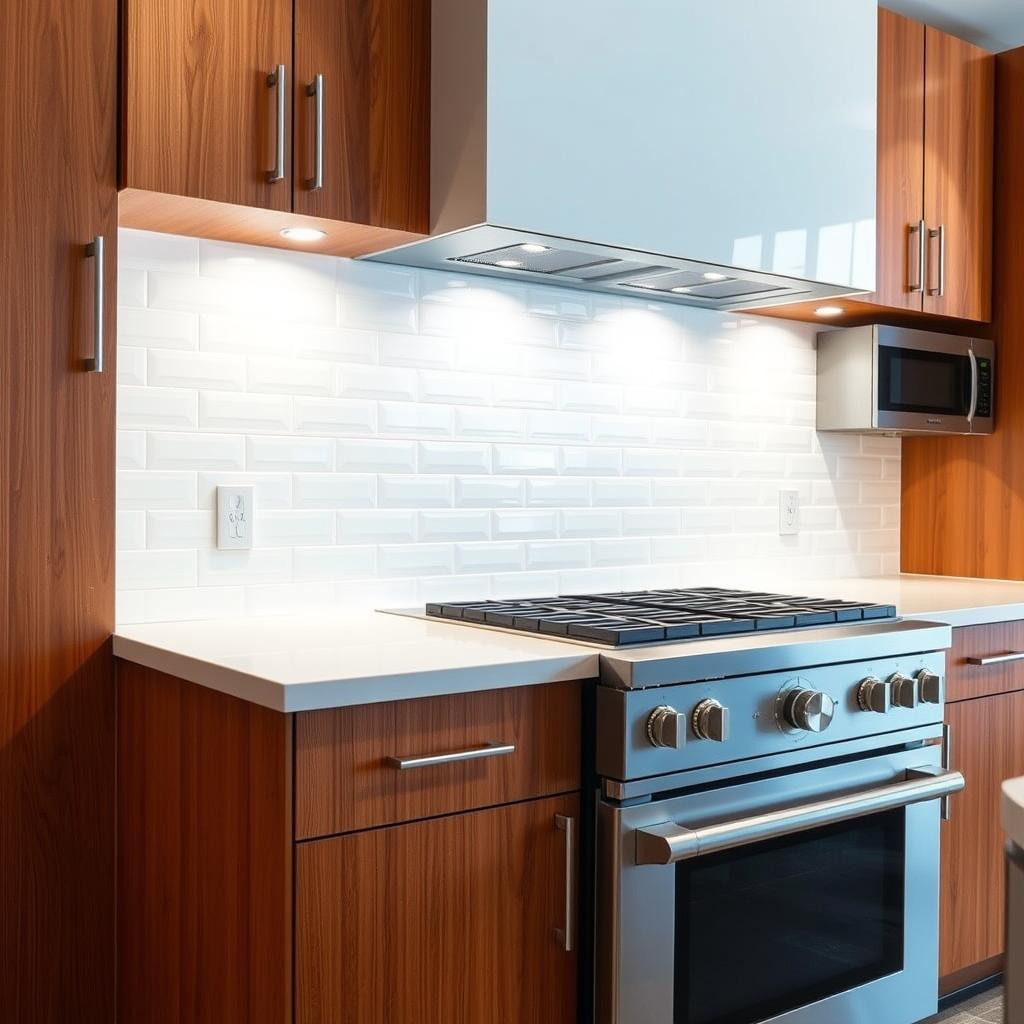 A sleek, modern kitchen with a glossy white tile backsplash, perfectly framed by warm wood cabinets and stainless steel appliances. The backsplash extends from the countertop to a precise height, creating a harmonious visual balance. The lighting casts a soft, even glow, highlighting the clean lines and attention to detail. The camera angle showcases the backsplash's placement, its top edge aligning seamlessly with the bottom of the upper cabinets, demonstrating the right height for this space. The overall scene exudes a sense of elegance and functionality, exemplifying the ideal backsplash height for this kitchen. A sleek, modern kitchen with a glossy white tile backsplash, perfectly framed by warm wood cabinets and stainless steel appliances. The backsplash extends from the countertop to a precise height, creating a harmonious visual balance. The lighting casts a soft, even glow, highlighting the clean lines and attention to detail. The camera angle showcases the backsplash's placement, its top edge aligning seamlessly with the bottom of the upper cabinets, demonstrating the right height for this space. The overall scene exudes a sense of elegance and functionality, exemplifying the ideal backsplash height for this kitchen.