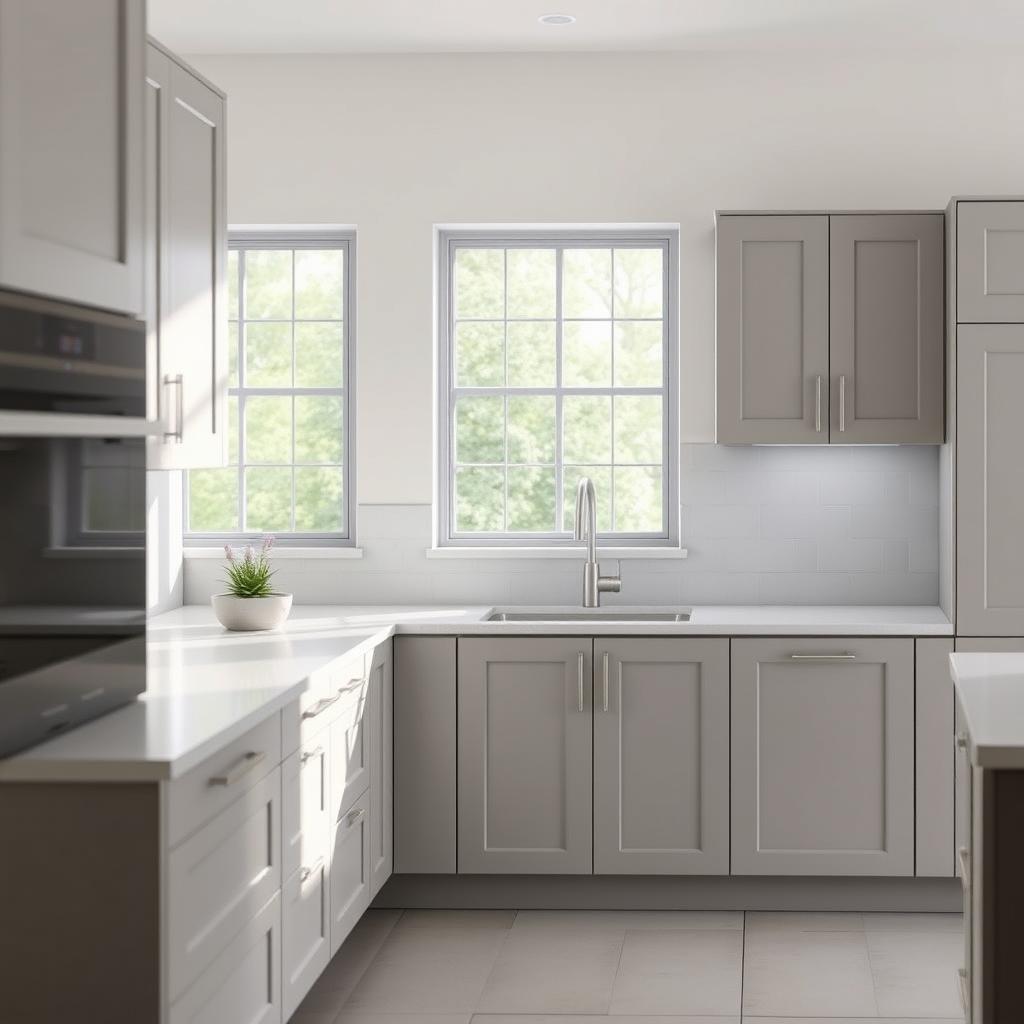 A sleek, modern kitchen with minimalist shaker cabinet fronts in a soft gray hue. The cabinet doors have a clean, streamlined profile with subtle vertical grooves, creating a sophisticated, uncluttered appearance. Diffused natural light cascades through large windows, illuminating the smooth, matte surfaces. The cabinets are arranged in a symmetrical, well-organized layout, showcasing their simple yet elegant design. The overall atmosphere is one of understated refinement, reflecting the latest trends in contemporary kitchen design. A sleek, modern kitchen with minimalist shaker cabinet fronts in a soft gray hue. The cabinet doors have a clean, streamlined profile with subtle vertical grooves, creating a sophisticated, uncluttered appearance. Diffused natural light cascades through large windows, illuminating the smooth, matte surfaces. The cabinets are arranged in a symmetrical, well-organized layout, showcasing their simple yet elegant design. The overall atmosphere is one of understated refinement, reflecting the latest trends in contemporary kitchen design.