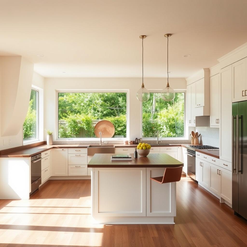 A spacious, open-concept L-shaped kitchen bathed in warm, natural lighting. The clean, minimalist cabinetry in a soft white tone contrasts beautifully with the rich, dark wood of the island countertop. Sleek, stainless-steel appliances seamlessly integrate into the design. A large window overlooking a verdant backyard garden floods the space with a bright, airy ambiance. The layout features ample counter space and a generously sized island, perfect for meal prep, casual dining, and entertaining. Subtle, modern pendant lights hang above, casting a cozy glow. The overall aesthetic is sophisticated, functional, and conducive to an open, flowing kitchen experience. A spacious, open-concept L-shaped kitchen bathed in warm, natural lighting. The clean, minimalist cabinetry in a soft white tone contrasts beautifully with the rich, dark wood of the island countertop. Sleek, stainless-steel appliances seamlessly integrate into the design. A large window overlooking a verdant backyard garden floods the space with a bright, airy ambiance. The layout features ample counter space and a generously sized island, perfect for meal prep, casual dining, and entertaining. Subtle, modern pendant lights hang above, casting a cozy glow. The overall aesthetic is sophisticated, functional, and conducive to an open, flowing kitchen experience.