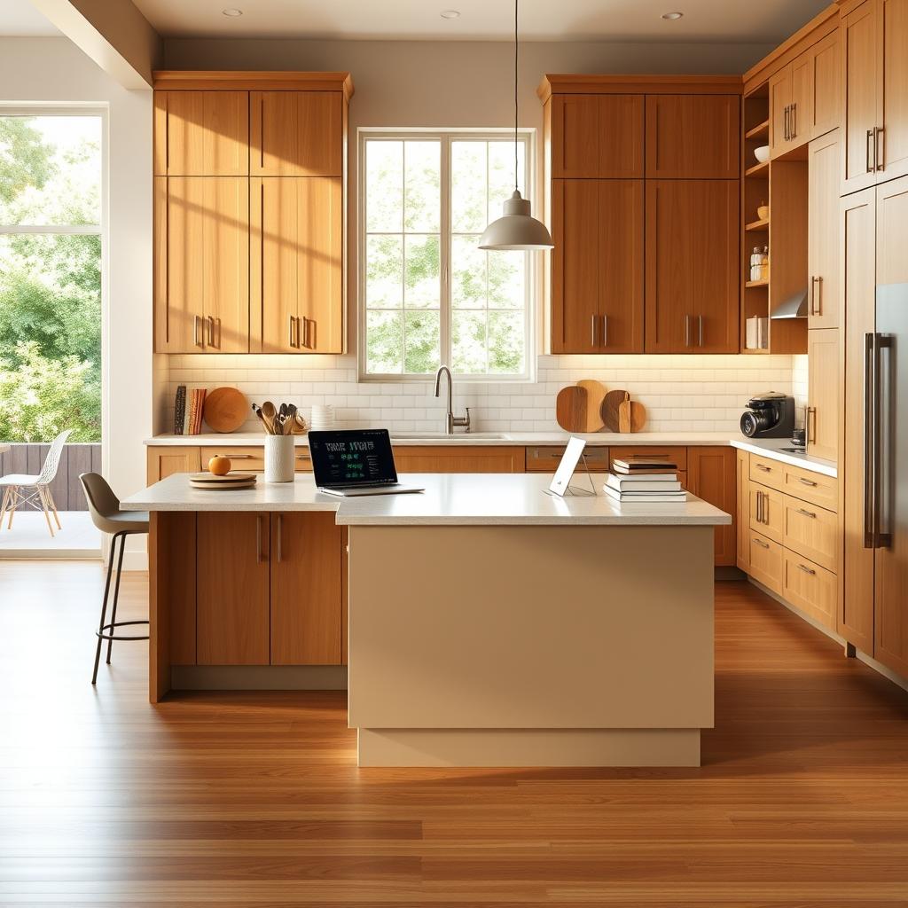 A spacious, well-lit kitchen with ample counter space and a central island. The island serves as the focal point, showcasing various kitchen utensils, cookbooks, and a laptop to illustrate workflow assessment. Warm, natural lighting floods the room, casting a cozy ambiance. The background features tall, built-in cabinets with a mix of open shelving and closed storage, hinting at efficient organization. The floor is a sleek, hardwood surface, complementing the overall modern, functional aesthetic. A side window provides a glimpse of a lush, green outdoor space, creating a seamless transition between the kitchen and the surrounding environment. A spacious, well-lit kitchen with ample counter space and a central island. The island serves as the focal point, showcasing various kitchen utensils, cookbooks, and a laptop to illustrate workflow assessment. Warm, natural lighting floods the room, casting a cozy ambiance. The background features tall, built-in cabinets with a mix of open shelving and closed storage, hinting at efficient organization. The floor is a sleek, hardwood surface, complementing the overall modern, functional aesthetic. A side window provides a glimpse of a lush, green outdoor space, creating a seamless transition between the kitchen and the surrounding environment.