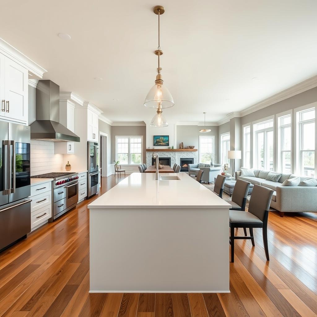 A sprawling, light-filled gourmet kitchen with a seamless, open-concept layout. A central island with white quartz countertop dominates the foreground, surrounded by ample cabinet space and high-end stainless steel appliances. Sleek pendant lights cast a warm glow, complemented by large windows that flood the space with natural light. The middle ground features a dining nook with a rustic wood table and upholstered chairs. In the background, a cozy sitting area with plush sofas and a fireplace create a welcoming atmosphere. Polished hardwood floors, neutral color palette, and minimalist decor exude an elegant, yet inviting ambiance befitting a grand, professionally-designed kitchen. A sprawling, light-filled gourmet kitchen with a seamless, open-concept layout. A central island with white quartz countertop dominates the foreground, surrounded by ample cabinet space and high-end stainless steel appliances. Sleek pendant lights cast a warm glow, complemented by large windows that flood the space with natural light. The middle ground features a dining nook with a rustic wood table and upholstered chairs. In the background, a cozy sitting area with plush sofas and a fireplace create a welcoming atmosphere. Polished hardwood floors, neutral color palette, and minimalist decor exude an elegant, yet inviting ambiance befitting a grand, professionally-designed kitchen.