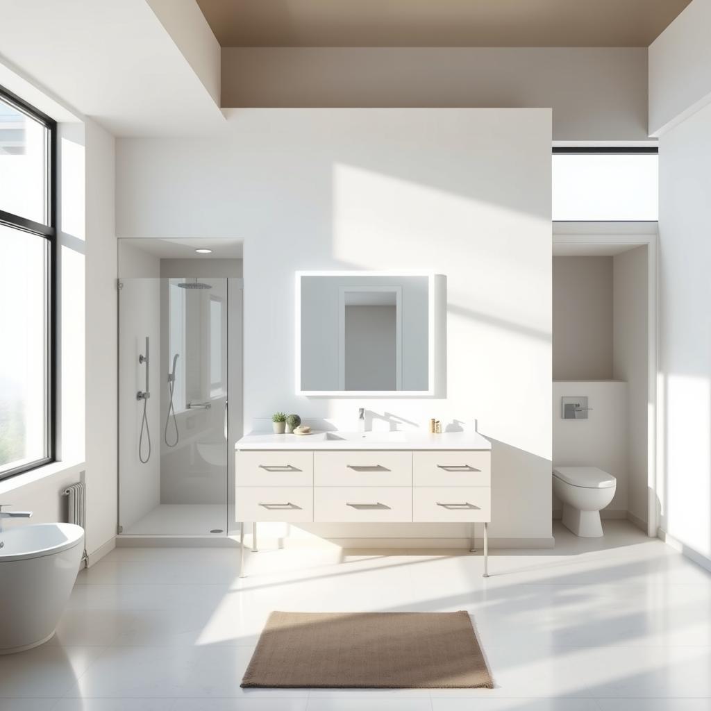 A stylized, photorealistic bathroom layout with a modern, minimalist design. The focal point is a spacious, well-lit vanity area with a sleek, rectangular mirror and minimalist hardware. The room features clean lines, neutral color tones, and ample natural lighting from large windows. The layout showcases an efficient, functional design with a separate shower area and toilet compartment. The overall atmosphere is serene, elegant, and conducive to relaxation. Captured from a slightly elevated, three-quarter angle to emphasize the balanced, harmonious composition. A stylized, photorealistic bathroom layout with a modern, minimalist design. The focal point is a spacious, well-lit vanity area with a sleek, rectangular mirror and minimalist hardware. The room features clean lines, neutral color tones, and ample natural lighting from large windows. The layout showcases an efficient, functional design with a separate shower area and toilet compartment. The overall atmosphere is serene, elegant, and conducive to relaxation. Captured from a slightly elevated, three-quarter angle to emphasize the balanced, harmonious composition.