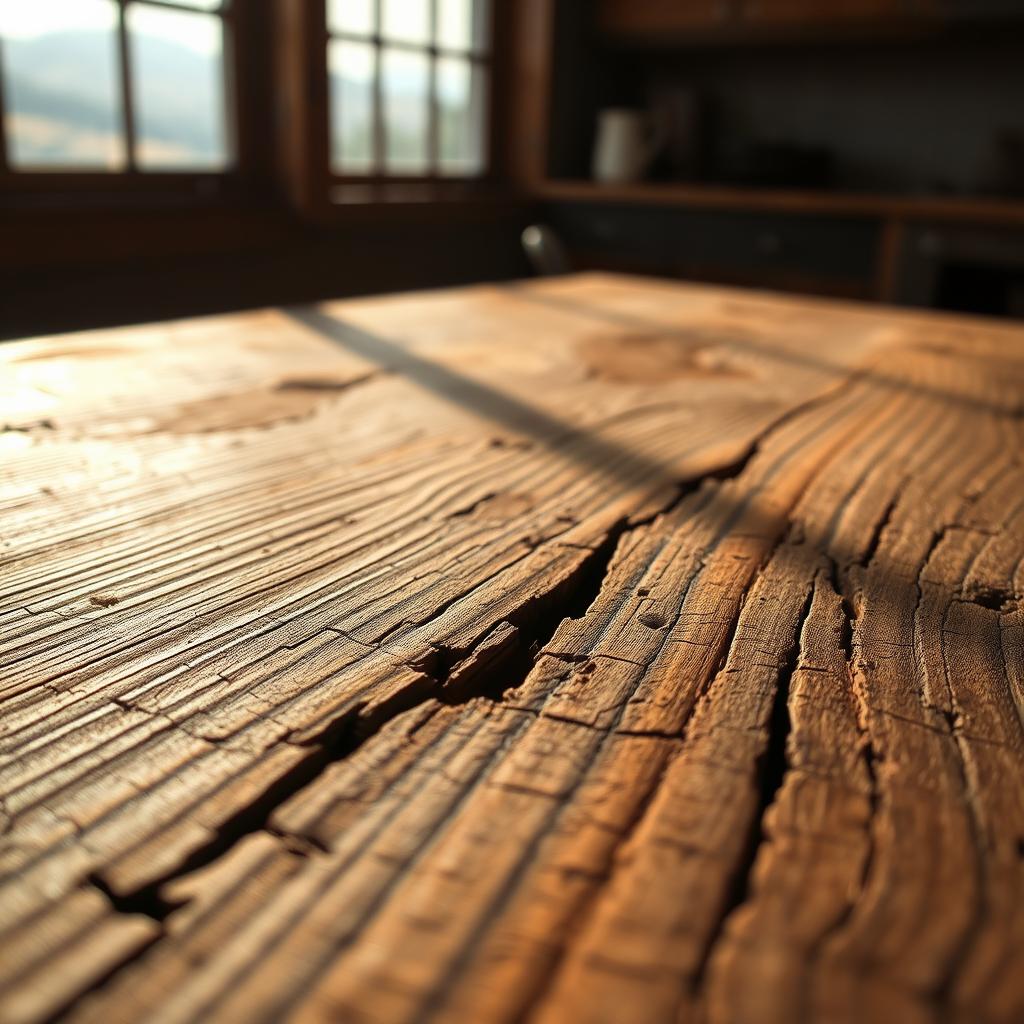 A weathered wooden plank, its surface scarred by the passage of time, cracks and grooves tracing the story of its aging. Sunlight filters through a window, casting warm, golden hues and gentle shadows that accentuate the wood's textural depth. In the background, a softly blurred landscape suggests the passage of seasons, the panel's patina a testament to its resilience and the gradual, natural transformation that defines the beauty of well-aged materials. Captured with a shallow depth of field, the image invites the viewer to study the intricate details that make this aging wood both visually captivating and symbolically significant to the topic of cabinet finishes. A weathered wooden plank, its surface scarred by the passage of time, cracks and grooves tracing the story of its aging. Sunlight filters through a window, casting warm, golden hues and gentle shadows that accentuate the wood's textural depth. In the background, a softly blurred landscape suggests the passage of seasons, the panel's patina a testament to its resilience and the gradual, natural transformation that defines the beauty of well-aged materials. Captured with a shallow depth of field, the image invites the viewer to study the intricate details that make this aging wood both visually captivating and symbolically significant to the topic of cabinet finishes.