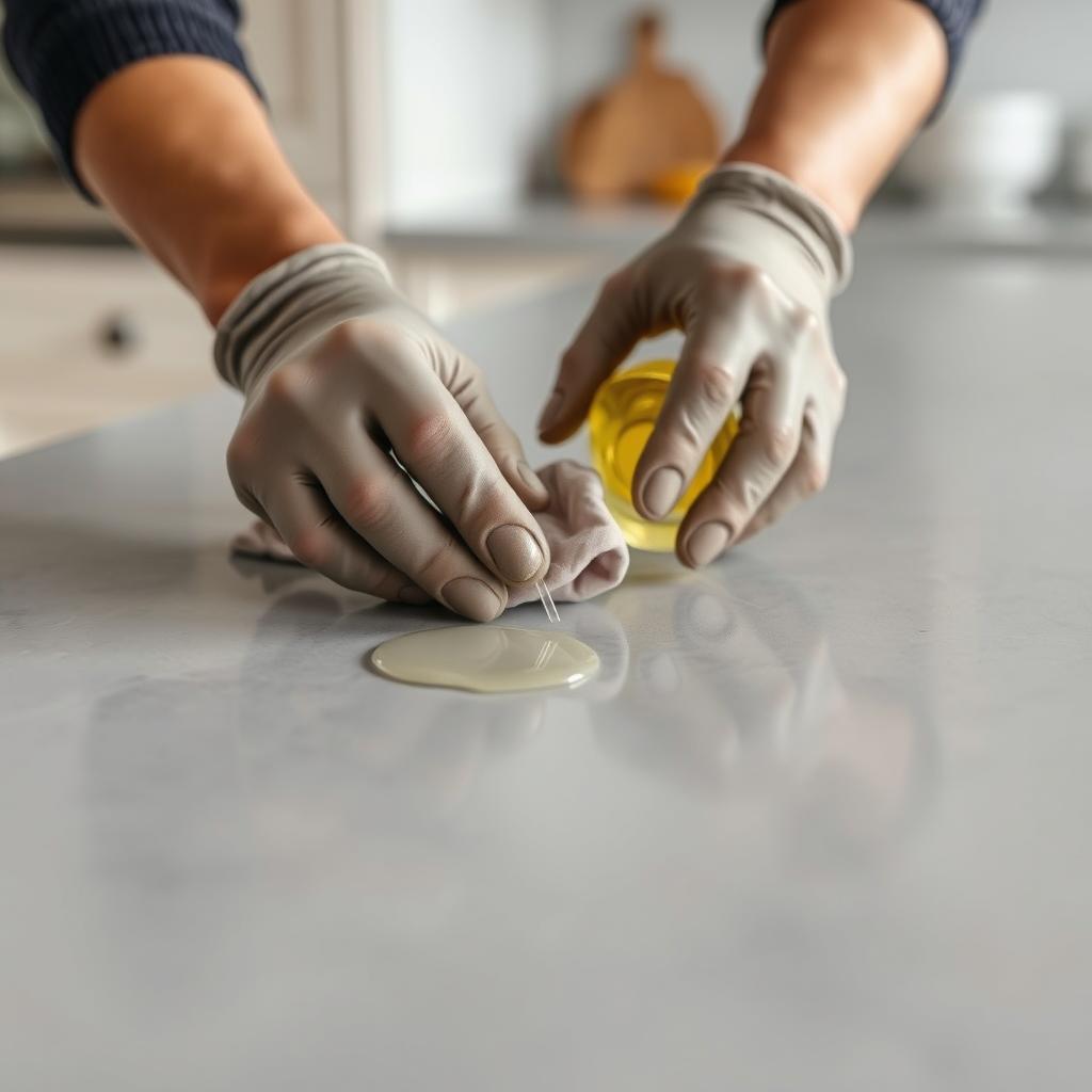 A well-lit, close-up view of a person's hands carefully applying a clear mineral oil to the surface of a soapstone countertop. The countertop is a neutral gray color, with a smooth, matte finish. The hands are wearing protective gloves and are using a soft cloth to gently massage the oil into the stone, creating a subtle sheen. The background is out of focus, but suggests a clean, organized kitchen environment. The overall mood is one of attentive care and maintenance, conveying the importance of proper upkeep for soapstone surfaces. A well-lit, close-up view of a person's hands carefully applying a clear mineral oil to the surface of a soapstone countertop. The countertop is a neutral gray color, with a smooth, matte finish. The hands are wearing protective gloves and are using a soft cloth to gently massage the oil into the stone, creating a subtle sheen. The background is out of focus, but suggests a clean, organized kitchen environment. The overall mood is one of attentive care and maintenance, conveying the importance of proper upkeep for soapstone surfaces.
