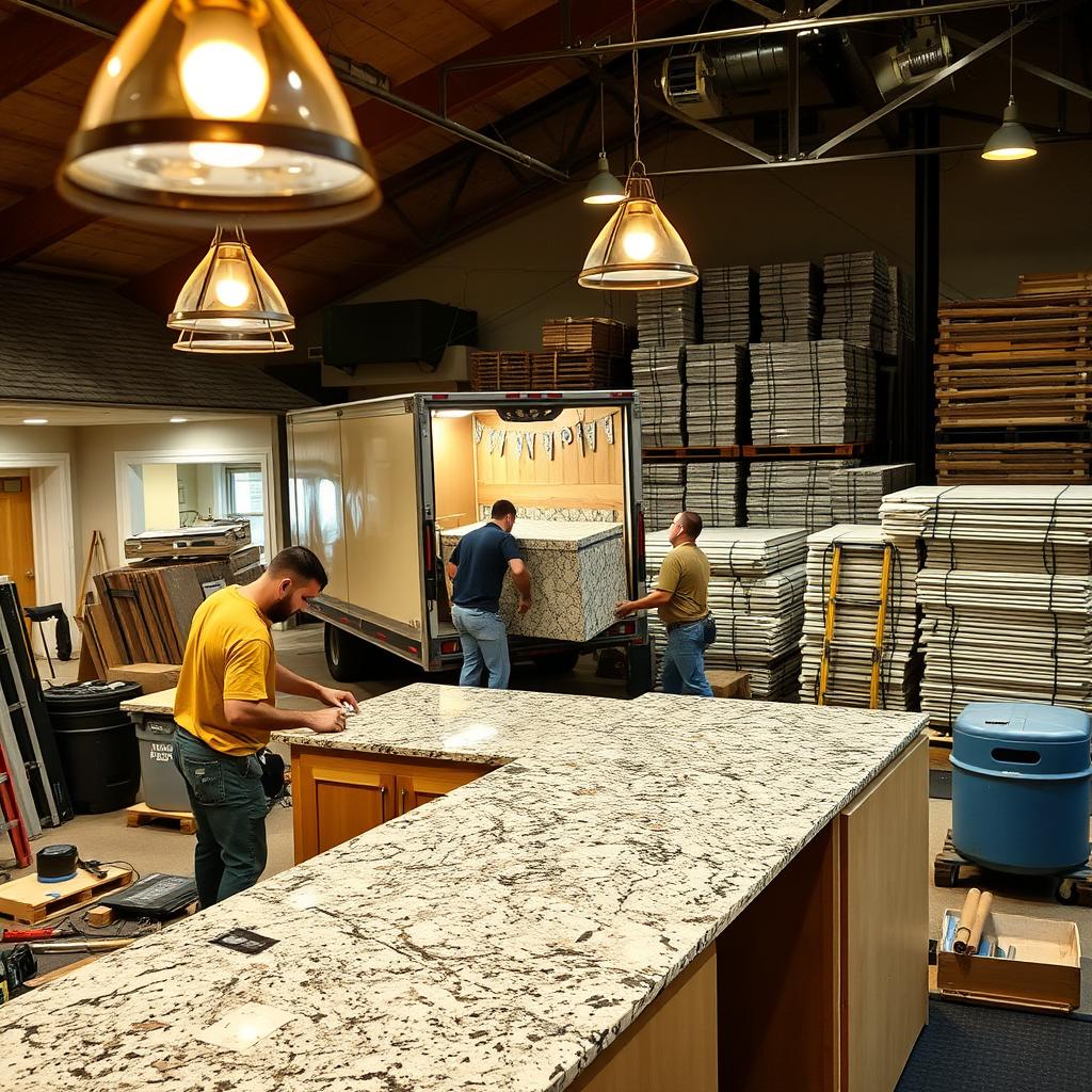 A well-lit, detailed scene depicting the logistics of a home improvement installation. In the foreground, a team of skilled workers carefully unpacking and preparing high-quality granite countertops, surrounded by specialized tools and equipment. In the middle ground, a delivery truck is being unloaded, with workers efficiently maneuvering the heavy materials into the residential space. The background showcases the organized workflow, with a neatly stacked inventory of additional materials and supplies ready for installation. Warm lighting from overhead fixtures casts a professional, hardworking atmosphere, conveying the precision and care required for a seamless granite countertop installation process. A well-lit, detailed scene depicting the logistics of a home improvement installation. In the foreground, a team of skilled workers carefully unpacking and preparing high-quality granite countertops, surrounded by specialized tools and equipment. In the middle ground, a delivery truck is being unloaded, with workers efficiently maneuvering the heavy materials into the residential space. The background showcases the organized workflow, with a neatly stacked inventory of additional materials and supplies ready for installation. Warm lighting from overhead fixtures casts a professional, hardworking atmosphere, conveying the precision and care required for a seamless granite countertop installation process.