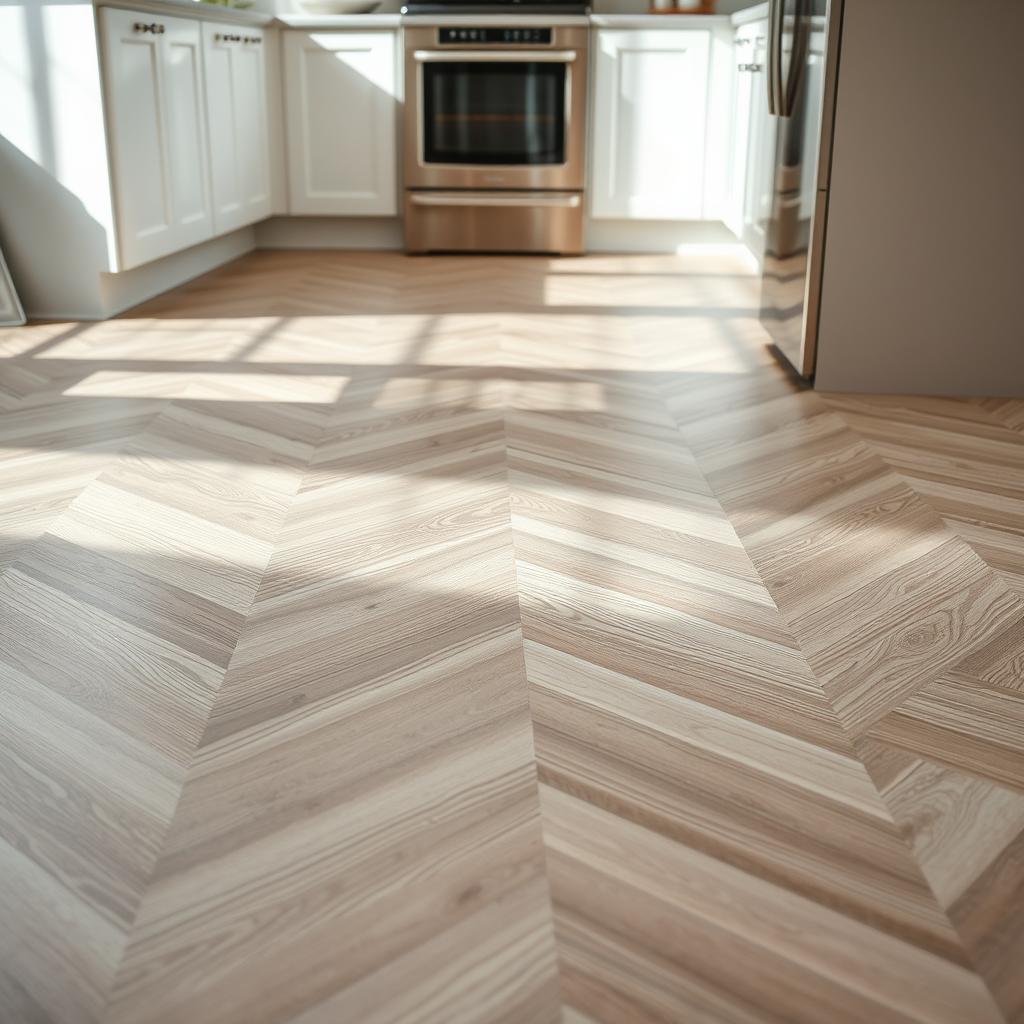 A well-lit, high-quality photograph of a modern vinyl floor in a kitchen setting, showcasing its realistic textures and patterns. The vinyl floor is laid in a herringbone pattern, with a warm gray or beige color palette that complements the kitchen's overall aesthetic. The lighting is natural, with soft shadows and highlights that accentuate the floor's depth and sheen. The angle of the shot is slightly elevated, capturing the full expanse of the floor and providing a clear, detailed view of its installation. The image conveys a sense of durability, cleanliness, and a professional, DIY-friendly installation process suitable for a kitchen environment. A well-lit, high-quality photograph of a modern vinyl floor in a kitchen setting, showcasing its realistic textures and patterns. The vinyl floor is laid in a herringbone pattern, with a warm gray or beige color palette that complements the kitchen's overall aesthetic. The lighting is natural, with soft shadows and highlights that accentuate the floor's depth and sheen. The angle of the shot is slightly elevated, capturing the full expanse of the floor and providing a clear, detailed view of its installation. The image conveys a sense of durability, cleanliness, and a professional, DIY-friendly installation process suitable for a kitchen environment.