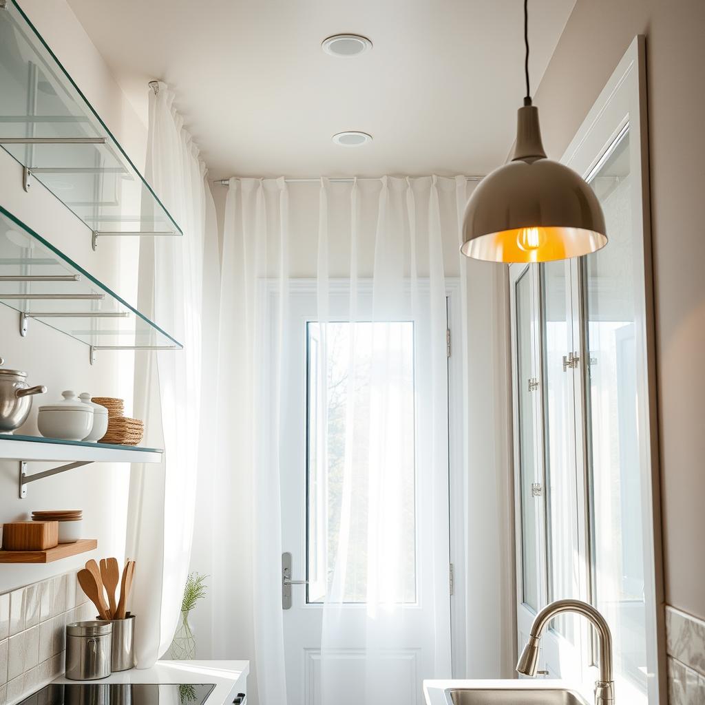 A well-lit kitchen filled with a variety of light, translucent materials that create a sense of openness and airiness. Sleek glass shelves, sheer curtains gently billowing, a glass-paneled cabinet door reflecting the natural light, and a shiny metallic pendant lamp casting a warm glow. The color palette features soft neutrals and pale blues, complemented by the natural textures of wood and stone. The scene is captured from a low angle, emphasizing the spacious, airy feel of the compact galley layout. A well-lit kitchen filled with a variety of light, translucent materials that create a sense of openness and airiness. Sleek glass shelves, sheer curtains gently billowing, a glass-paneled cabinet door reflecting the natural light, and a shiny metallic pendant lamp casting a warm glow. The color palette features soft neutrals and pale blues, complemented by the natural textures of wood and stone. The scene is captured from a low angle, emphasizing the spacious, airy feel of the compact galley layout.